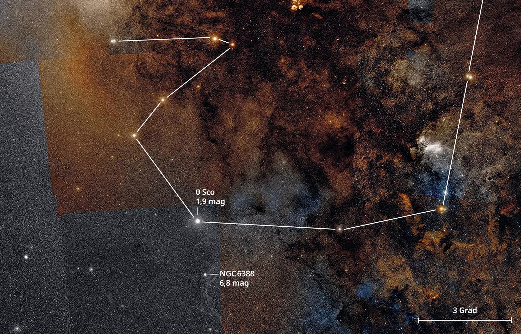 Karte der Himmelsregion um den Kugelsternhaufen NGC 6388 im Sternbild Skorpion.