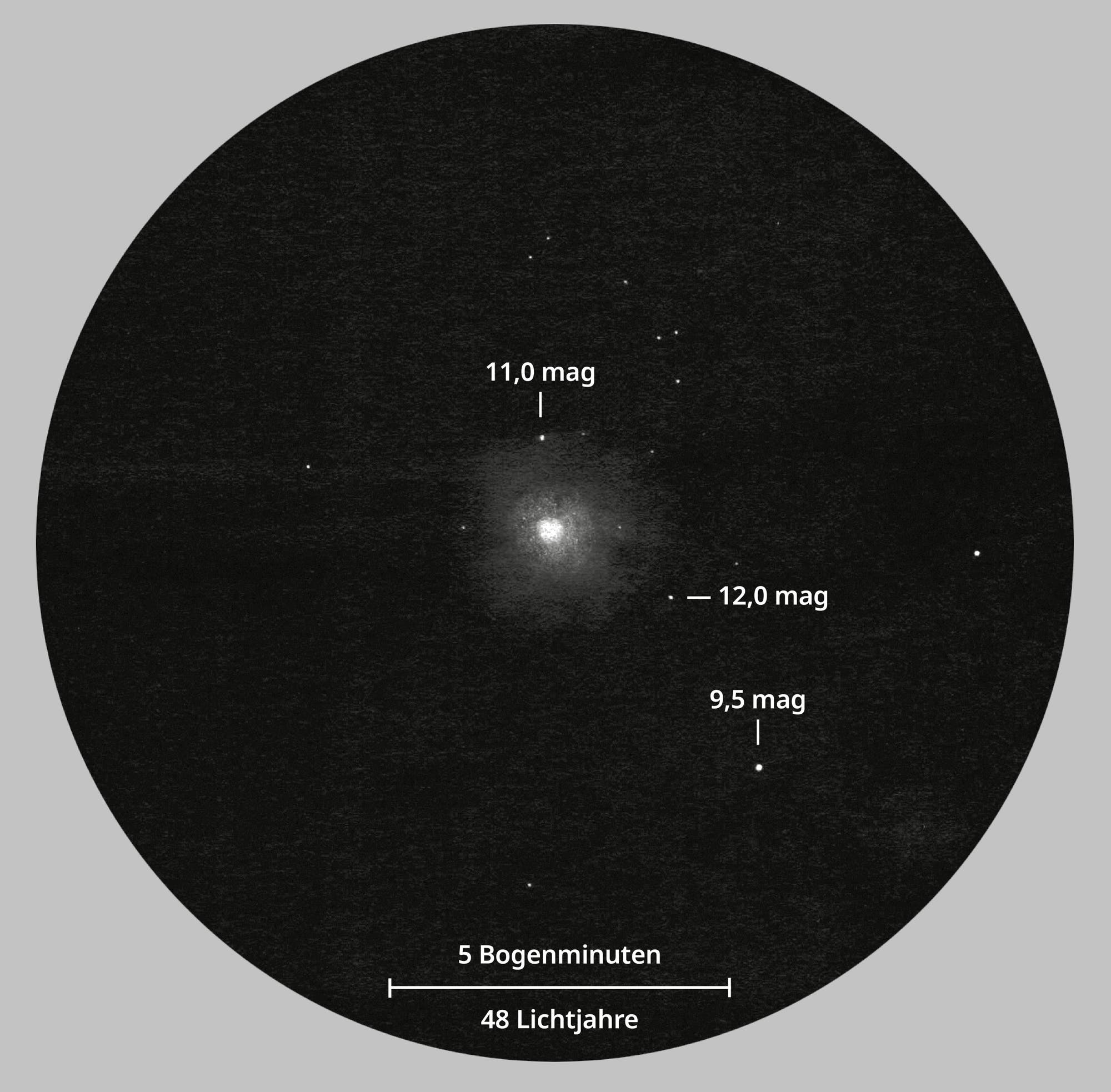 Zeichnung des Kugelsternhaufens NGC 6388, wie er einem Beobachter in einem Teleskop erscheint.