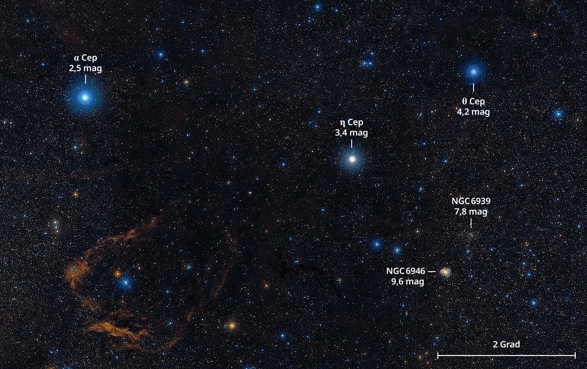 Karte der Himmelsregion um die Galaxie NGC 6946 an der Grenze zwischen den Sternbildern Kepheus und Schwan.