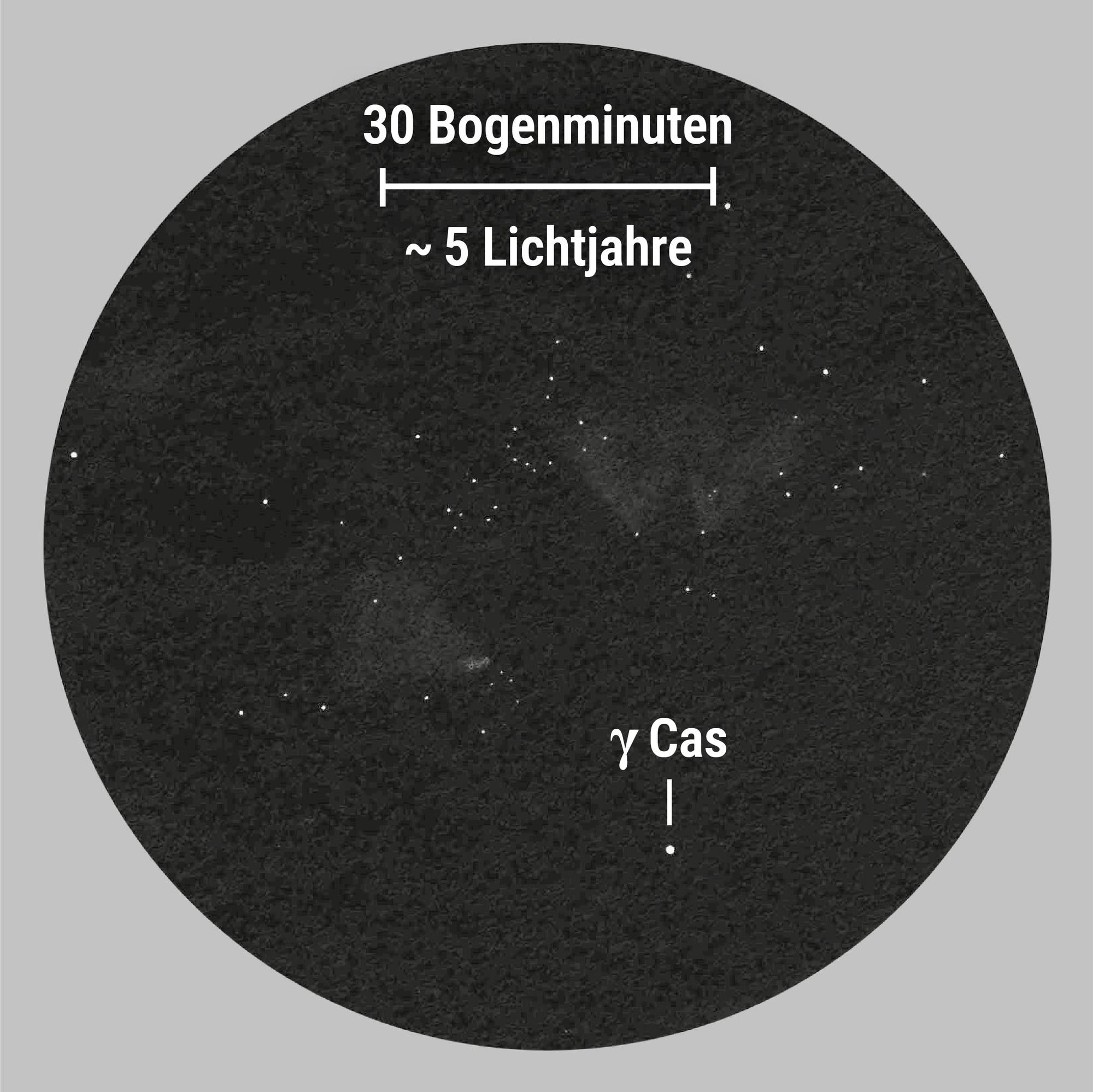 Zeichnung der Nebel IC 59 und IC 63, wie sie einem Beobachter in einem Amateurteleskop erscheinen.