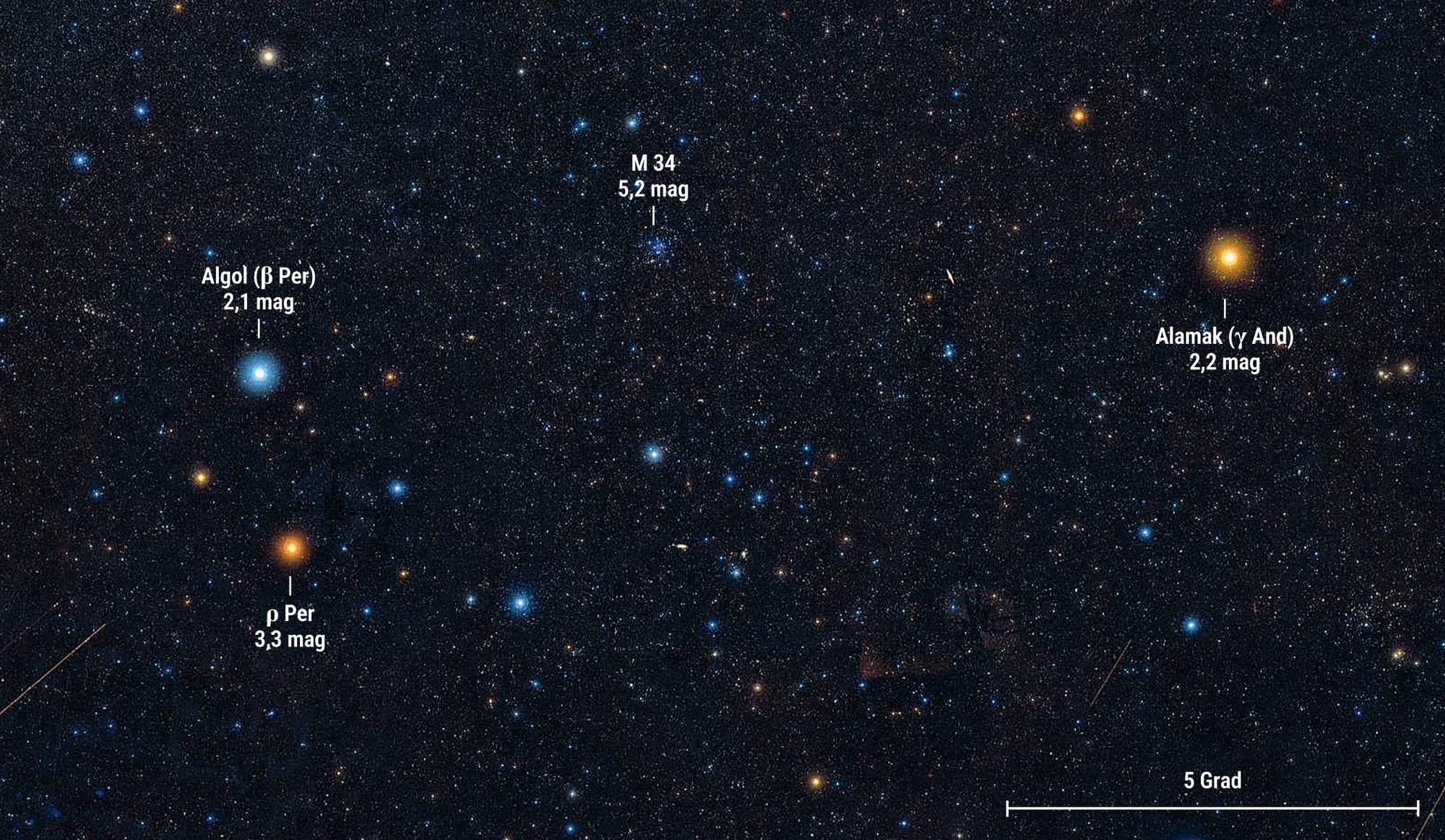 Karte der Himmelsregion um den offenen Sternhaufen Messier 34