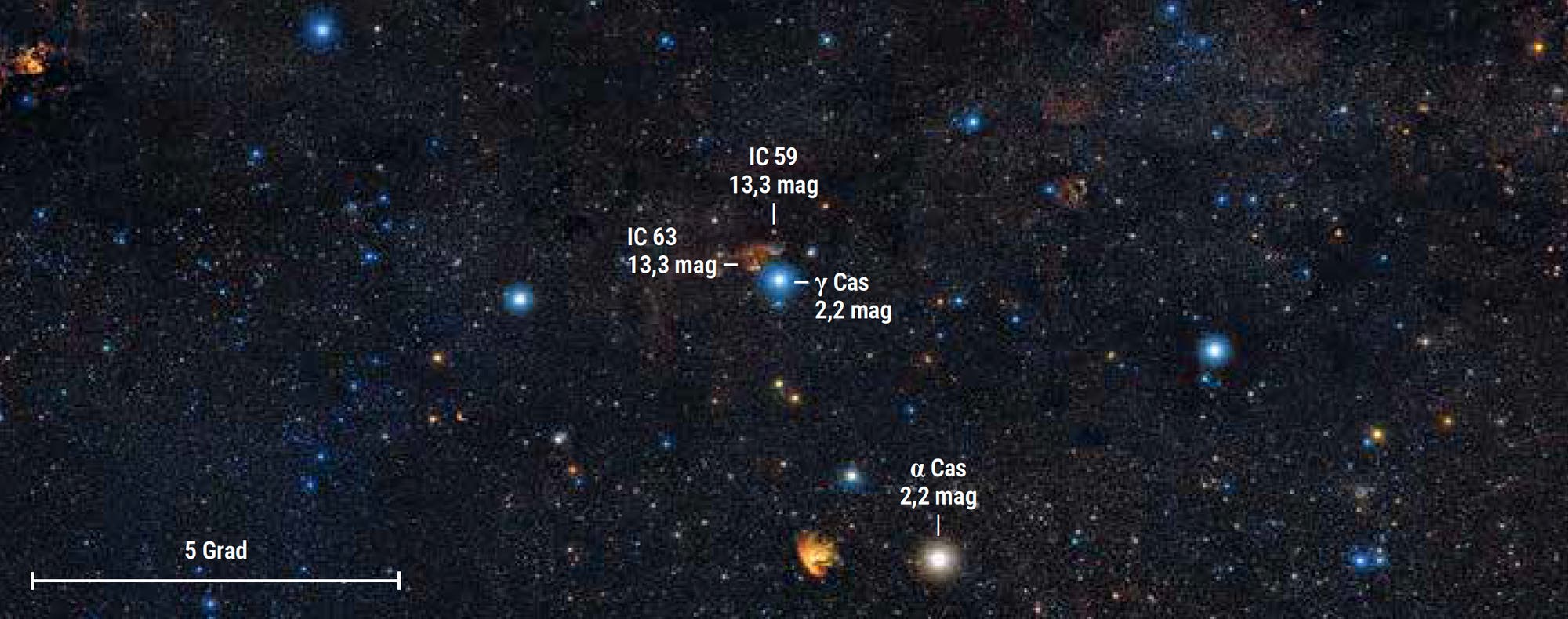 Karte der Himmelsregion um das Sternbild Kassiopeia, in dem die Positionen der Nebel IC&nbsp;59 und IC&nbsp;63 markiert sind.