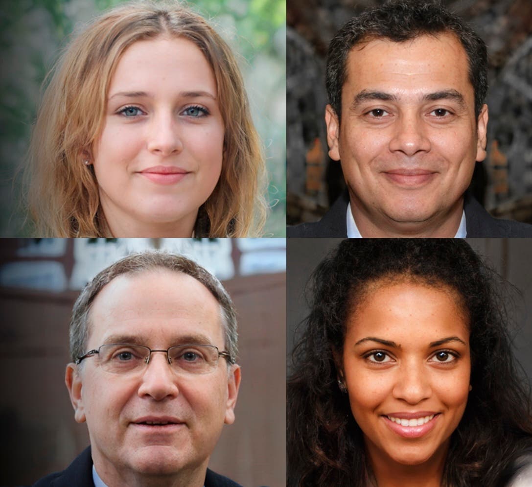 Ein Bild mit vier Porträts von Personen, die in einem quadratischen Raster angeordnet sind. Jede Person lächelt leicht und blickt direkt in die Kamera. Die Bilder sind alle KI-generiert.