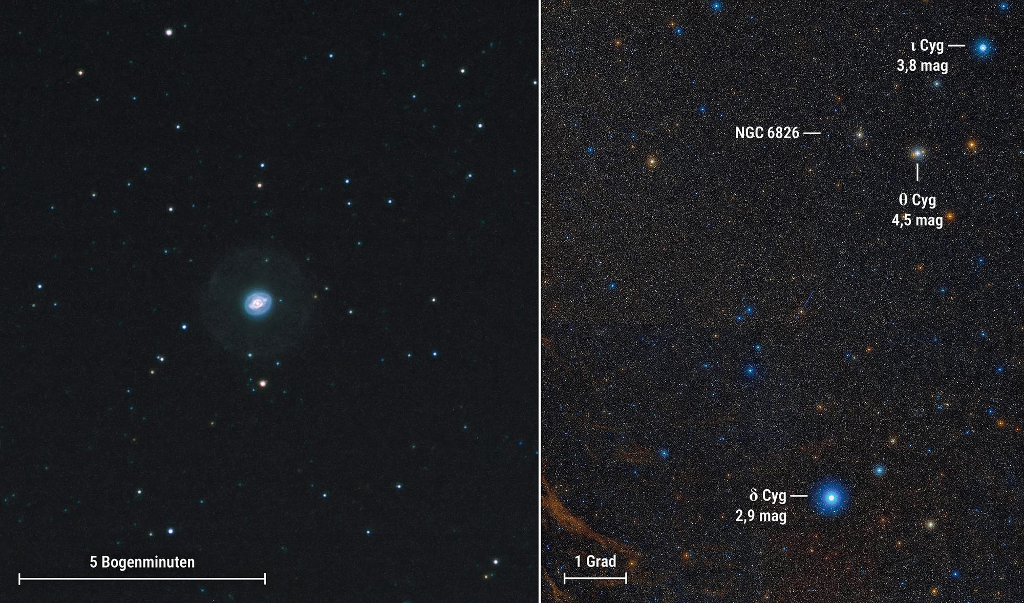 Zwei nebeneinanderliegende Himmelsaufnahmen. Links zeigt das Bild den planetarischen Nebel NGC 6826, umgeben von zahlreichen Sternen. Eine Skala von 5 Bogenminuten ist unten angegeben. Rechts eine breitere Ansicht des Sternbilds mit markierten Sternen: ι Cyg mit 3,8 mag und δ Cyg mit 2,9 mag. NGC 6826 ist ebenfalls markiert. Eine Skala von 1 Grad ist unten angegeben.