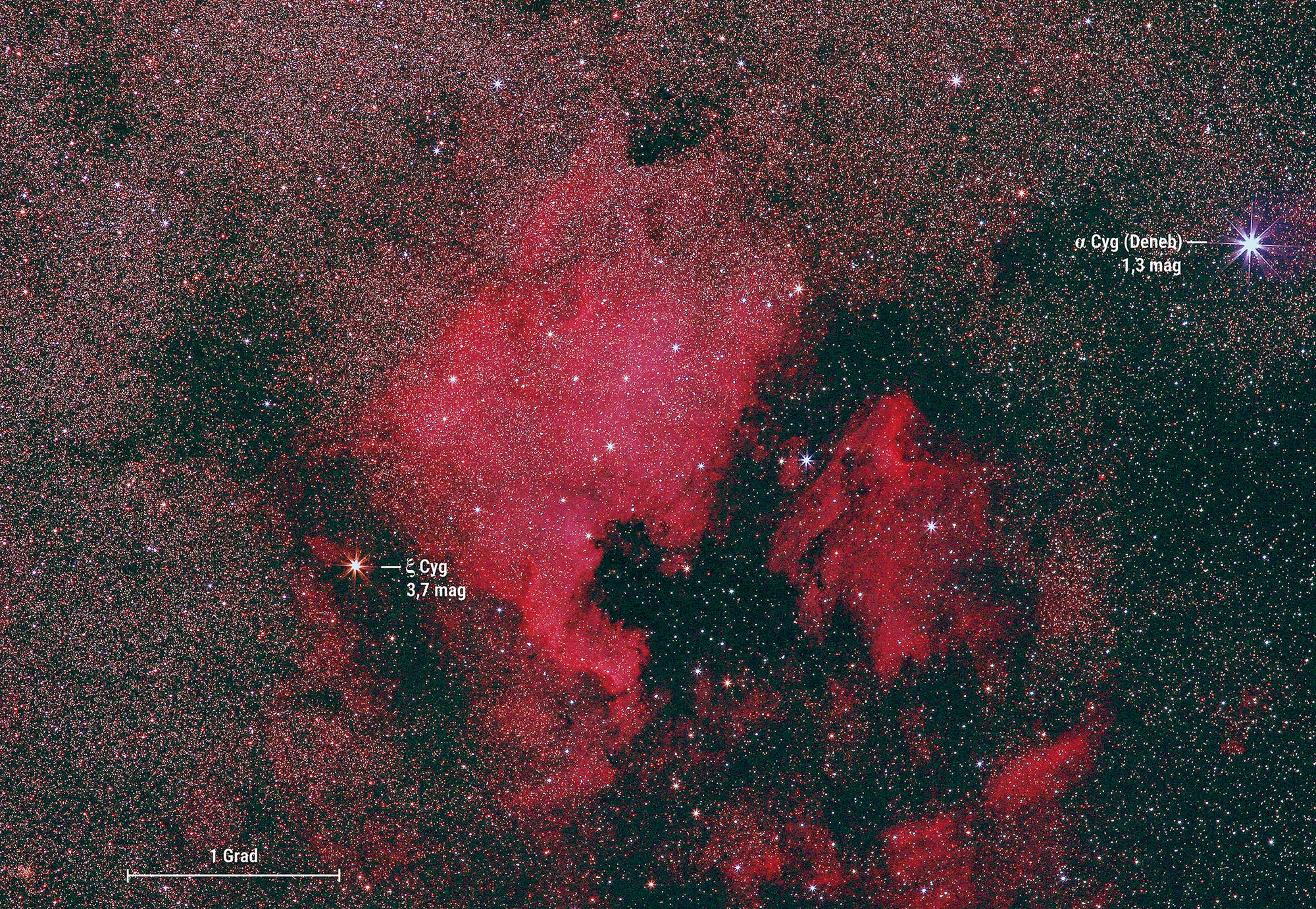 Der Nordamerikanebel NGC 7000 im Sternbild Schwan leuchtet im roten Licht der Wasserstofflinie H-alpha.