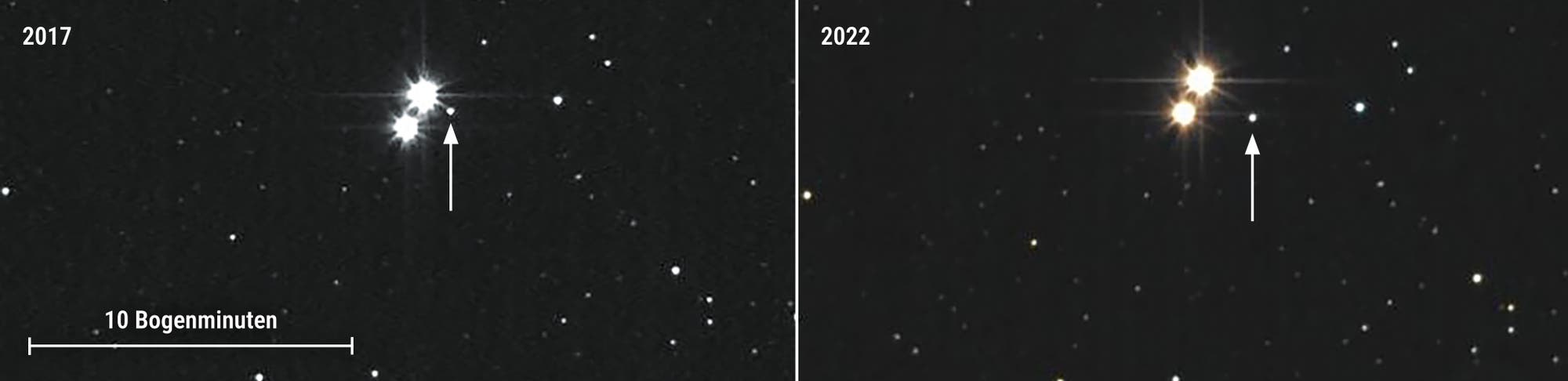 Das Doppelsternsystem 61 Cygni und seine Eigenbewegung am Himmel in den Jahren 2017 bis 2022