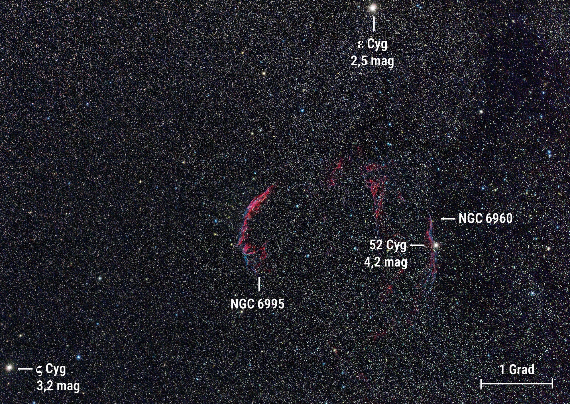 Das Foto zeigt den Zirrusnebel im Sternbild Schwan. Er ist ein Beispiel für einen nahen Supernova-Überrest.