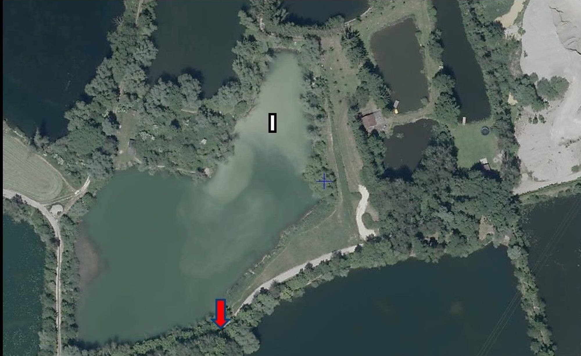 Satellitenbild eines bewaldeten Gebiets mit mehreren Seen. Ein großer See dominiert die linke Bildhälfte, umgeben von dichtem Grün. Ein kleinerer See befindet sich rechts oben. Ein roter Pfeil zeigt auf einen Punkt am unteren Rand des großen Sees, während ein schwarzes Rechteck in der Mitte des Sees markiert ist. Ein Weg verläuft entlang des rechten Ufers des großen Sees. Keine Menschen sind sichtbar.