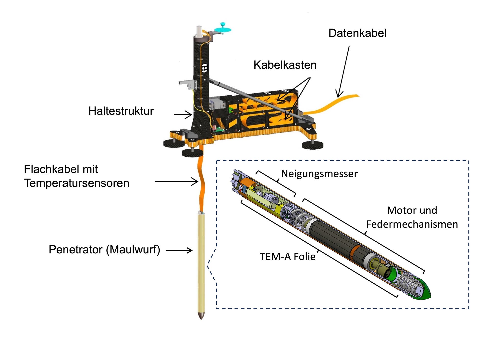 Diagramm eines wissenschaftlichen Geräts zur Bodenanalyse. Links ist eine Haltestruktur mit einem Kabelkasten und einem Datenkabel. Ein Flachkabel mit Temperatursensoren führt zu einem Penetrator, auch "Maulwurf" genannt. Rechts unten ist eine vergrößerte Ansicht des Penetrators mit Beschriftungen: Neigungsmesser, Motor und Federmechanismen, TEM-A Folie. Das Bild zeigt die Komponenten und Funktionsweise des Geräts.