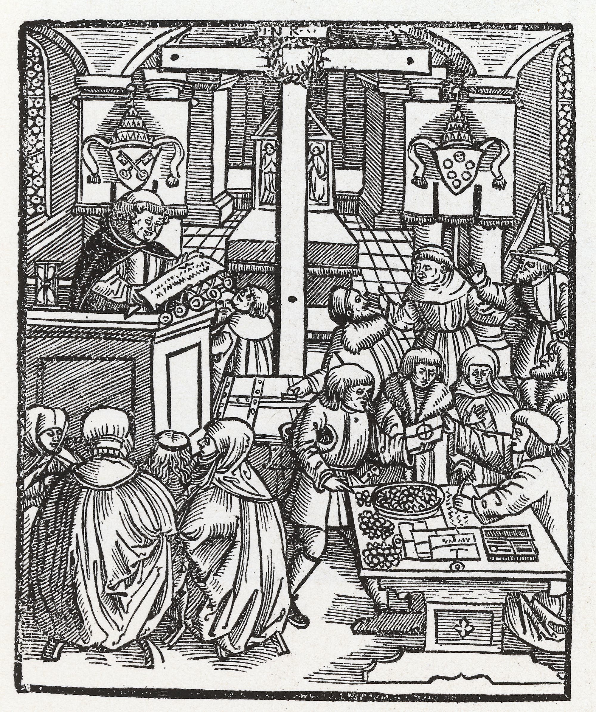 Titelholzschnitt der anonymen Schrift gegen den Ablasshandel: On Aplas von Rom kan man wol selig werden (...) von 1518.