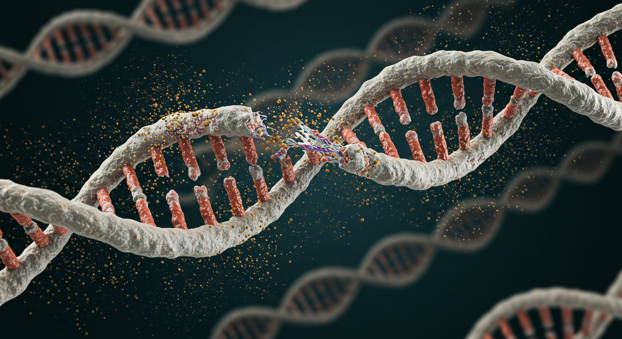 Eine Nahaufnahme einer DNA-Doppelhelix, die in der Mitte gebrochen ist. Die Stränge bestehen aus roten und weißen Segmenten, die Nukleotide darstellen. Kleine Partikel schweben um die Bruchstelle, was auf eine chemische Reaktion oder Mutation hinweisen könnte. Der Hintergrund ist dunkel, wodurch die DNA-Struktur hervorgehoben wird.