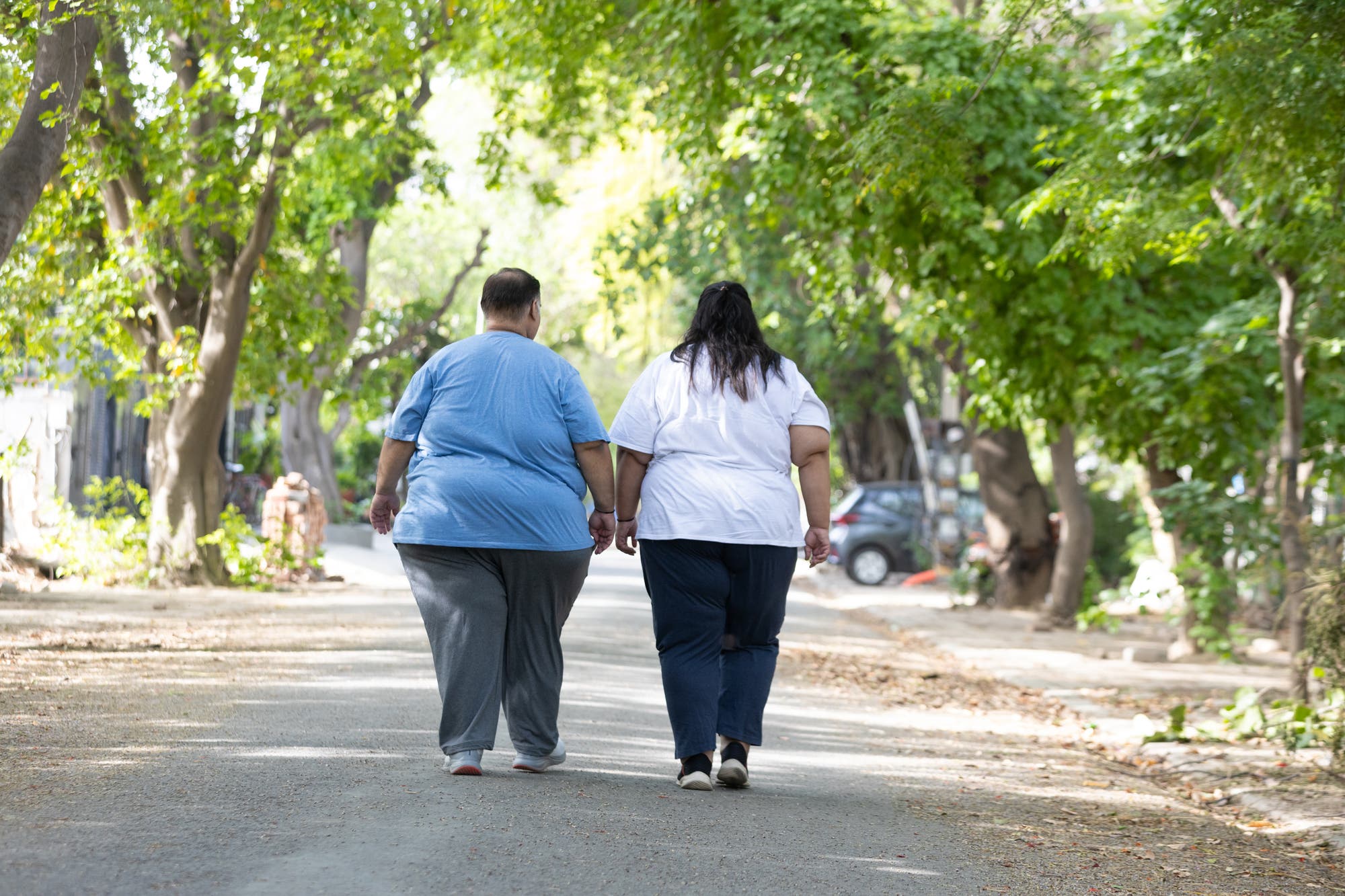 Zwei stark übergewichtige Personen gehen Hand in Hand auf einem von Bäumen gesäumten Weg. Sie tragen lässige Kleidung und sind von hinten zu sehen. Die Umgebung ist grün und friedlich, mit parkenden Autos am Straßenrand.