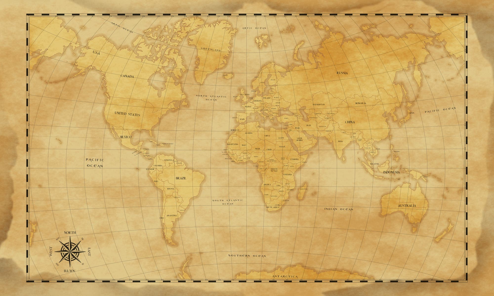 Eine Weltkarte, die wohl vage nach 18./19. Jahrhundert aussehen soll – unglücklicherweise verwendet sie die Robinson-Projektion, die erst 1961 entwickelt wurde.