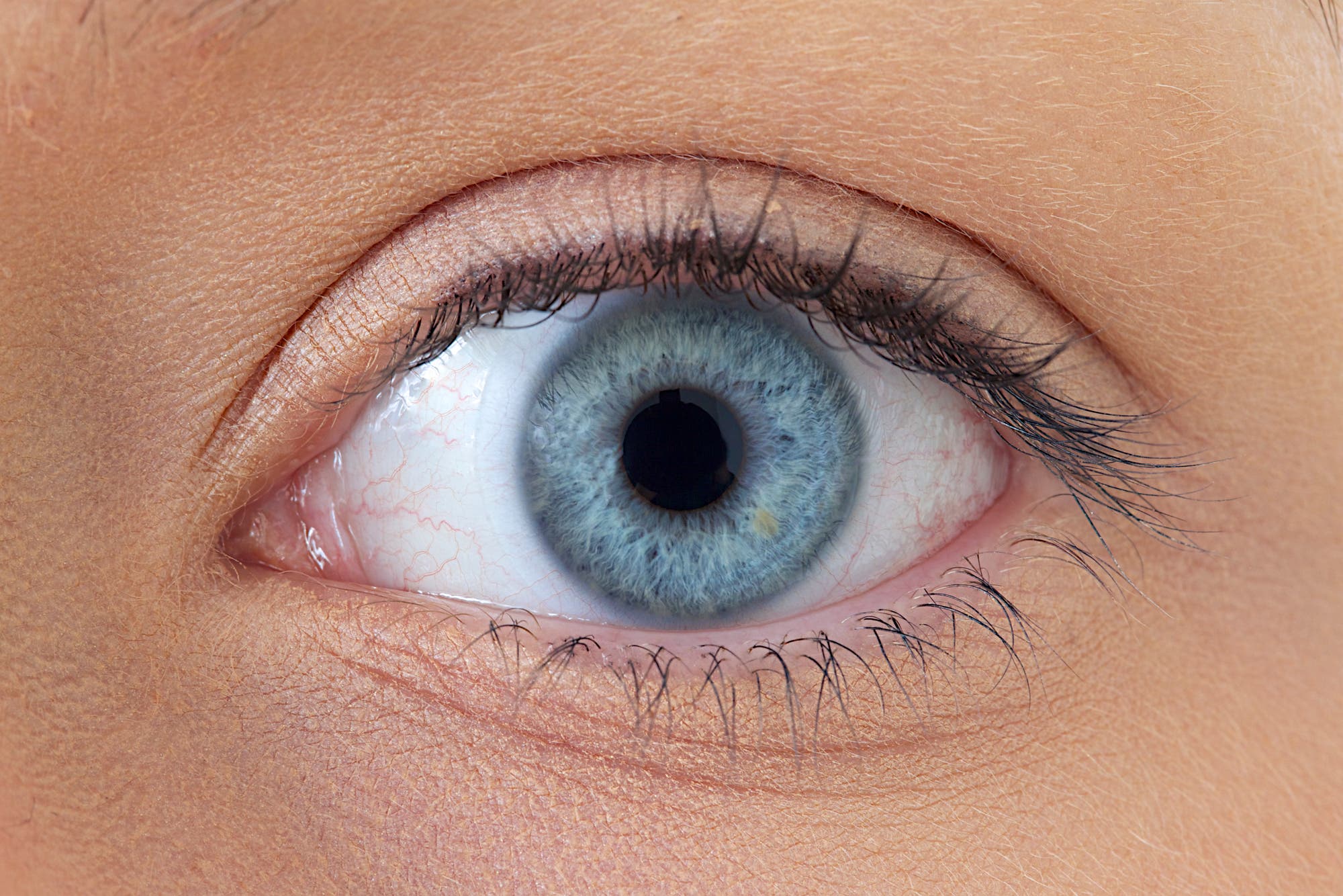 Nahaufnahme eines blauen menschlichen Auges mit klaren Details der Iris, Pupille und Wimpern. Die Haut um das Auge ist gut sichtbar, und das Bild zeigt die natürliche Struktur und Farbe des Auges.