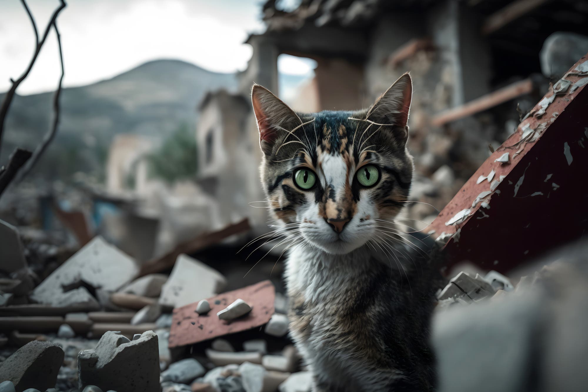 Katze in einem Trümmerfeld
