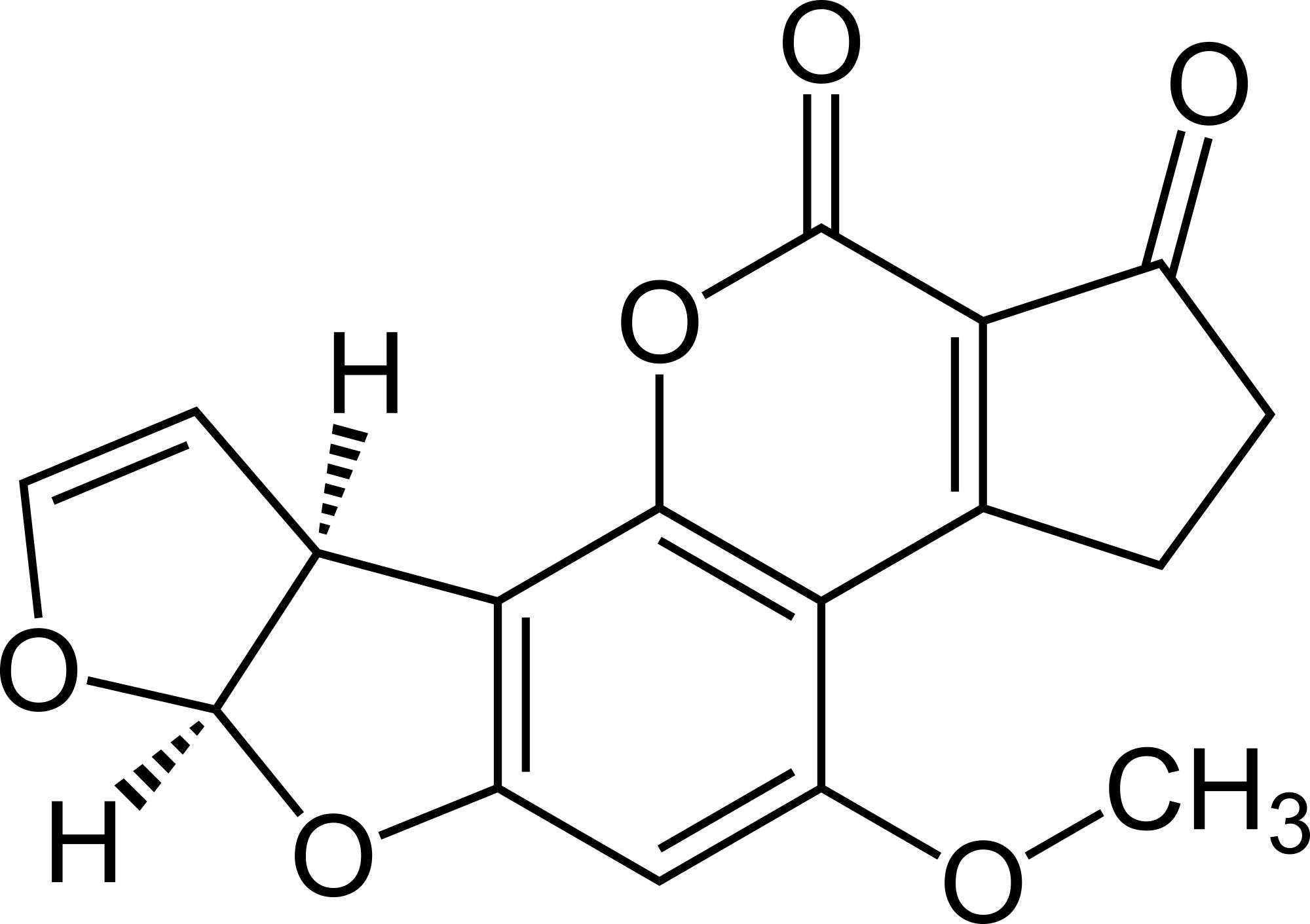 Eine chemische Strukturformel, die mehrere Ringe und funktionelle Gruppen zeigt. Die Struktur enthält zwei Sauerstoffatome, die an Carbonylgruppen gebunden sind, sowie eine Methoxygruppe mit der Formel CH₃O. Es gibt auch zwei Wasserstoffatome, die durch Keilstriche hervorgehoben sind, was auf ihre stereochemische Ausrichtung hinweist. Die Ringe sind miteinander verbunden und bilden ein komplexes Molekül.