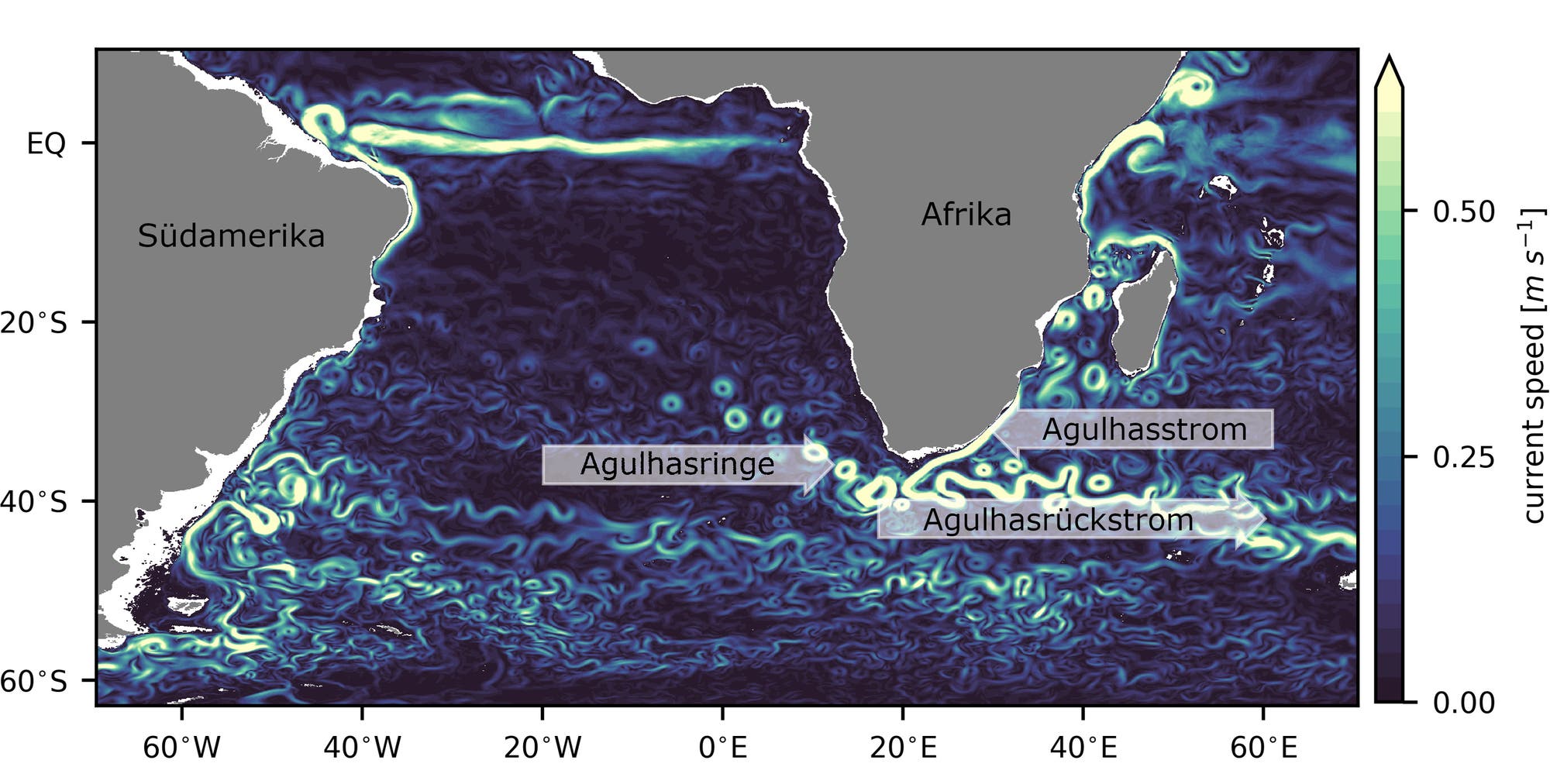 Computergrafik der Strömungsgeschwindigkeiten um die Südspitze von Afrika.