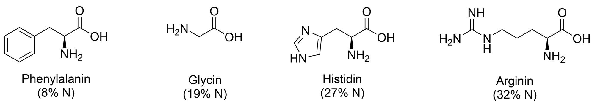 Strukturformeln von den vier Aminosäuren Phenylalanin, Glycin, Histidin und Arginin