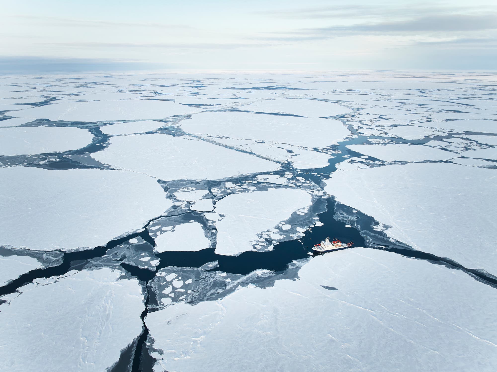 Foto der von Eisschollen bedeckten Arktischen See von oben, man sieht klein an einer Eischolle festgemacht einen Eisbrecher 