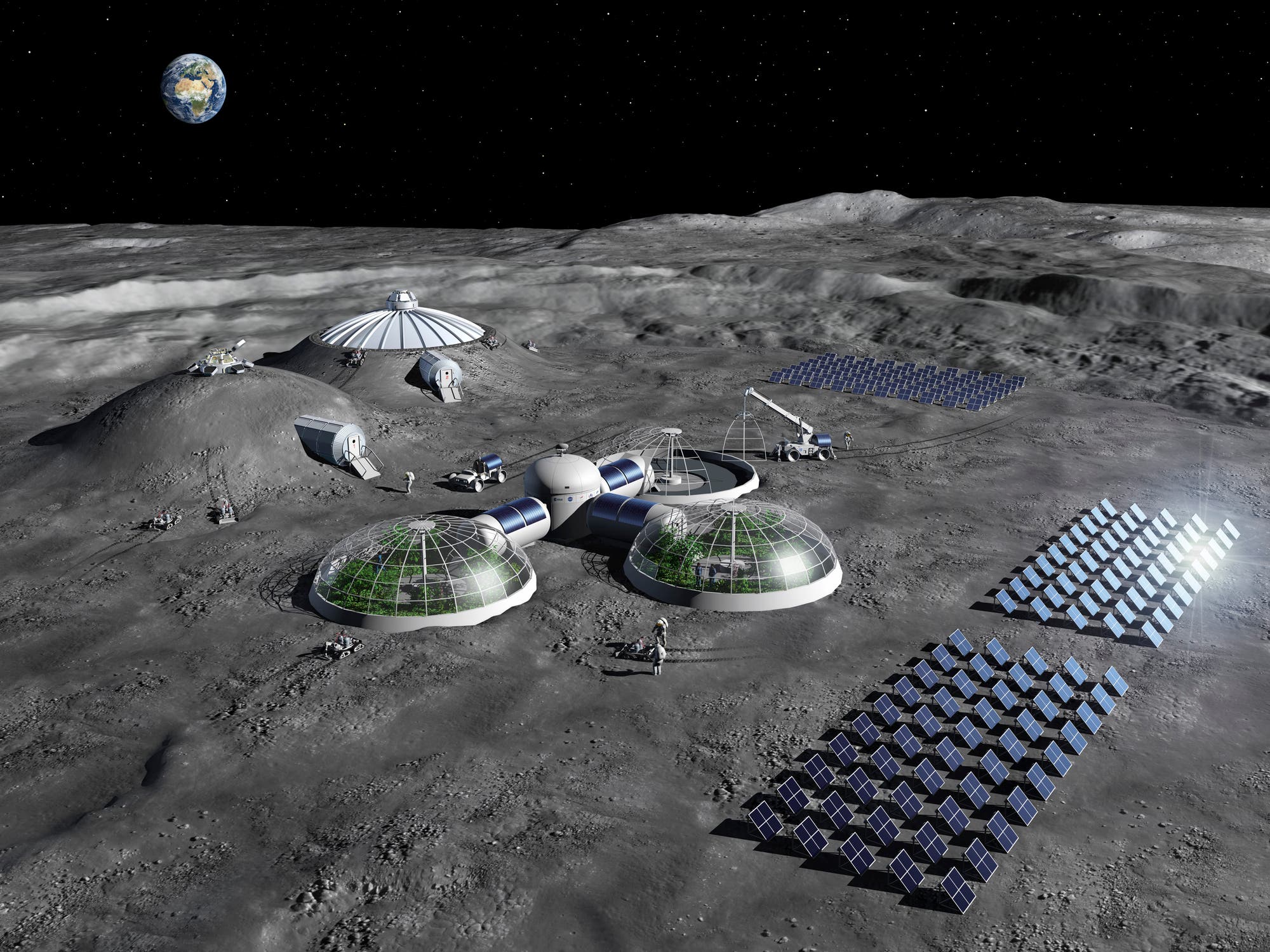 Die Illustration zeigt eine mögliche Mondbasis mit Solarzellen zur Energieversorgung, Gewächshäusern für Nahrungsmittel sowie Wohnbereichen, die von Hügeln aus Mondgestein gegen kosmische Strahlung geschützt werden.
