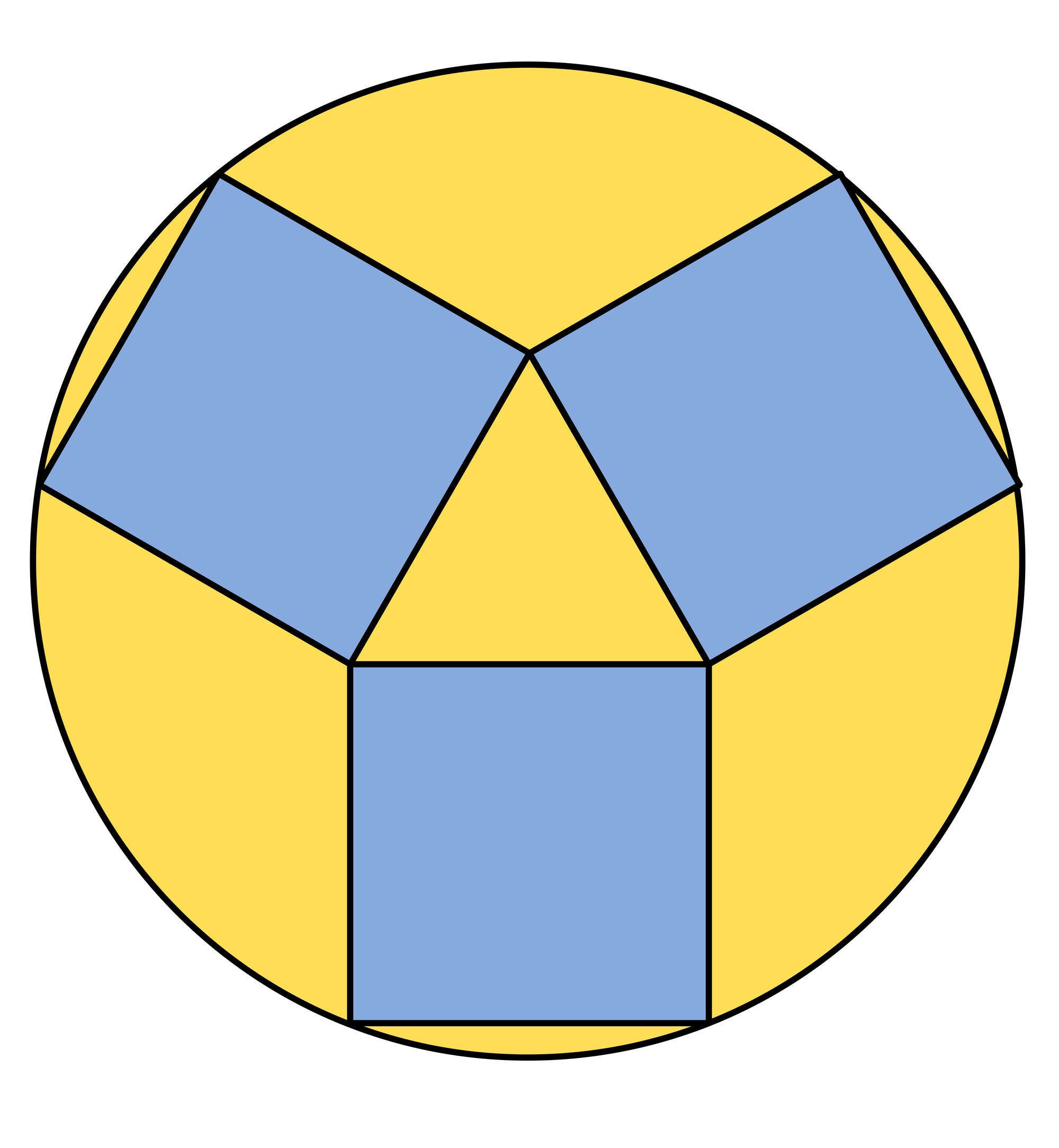 Drei blaue Quadrate in einem gelben Kreis