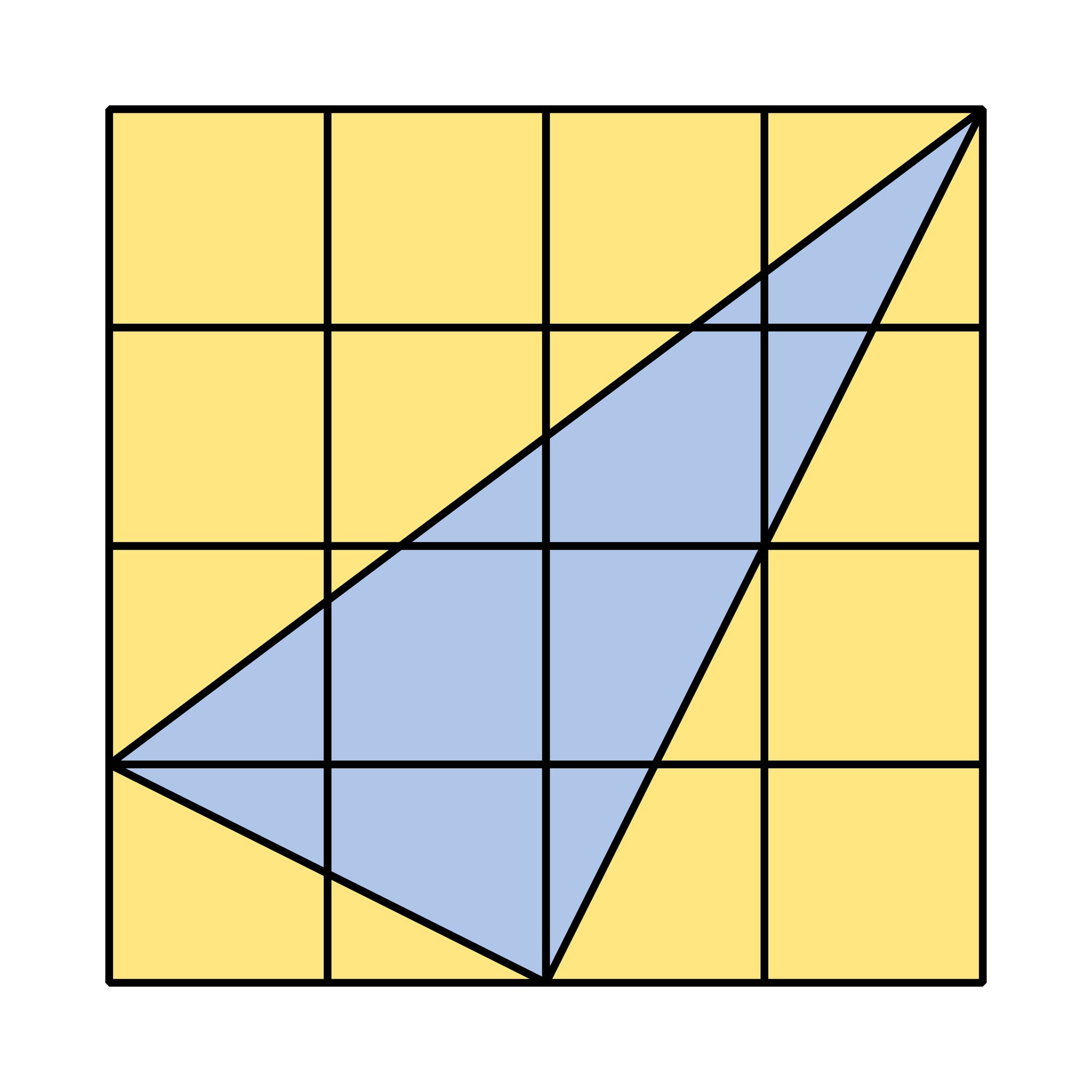 Blaues Dreieck in gelbem Quadrat, das in sechzehn Teile geteilt wurde