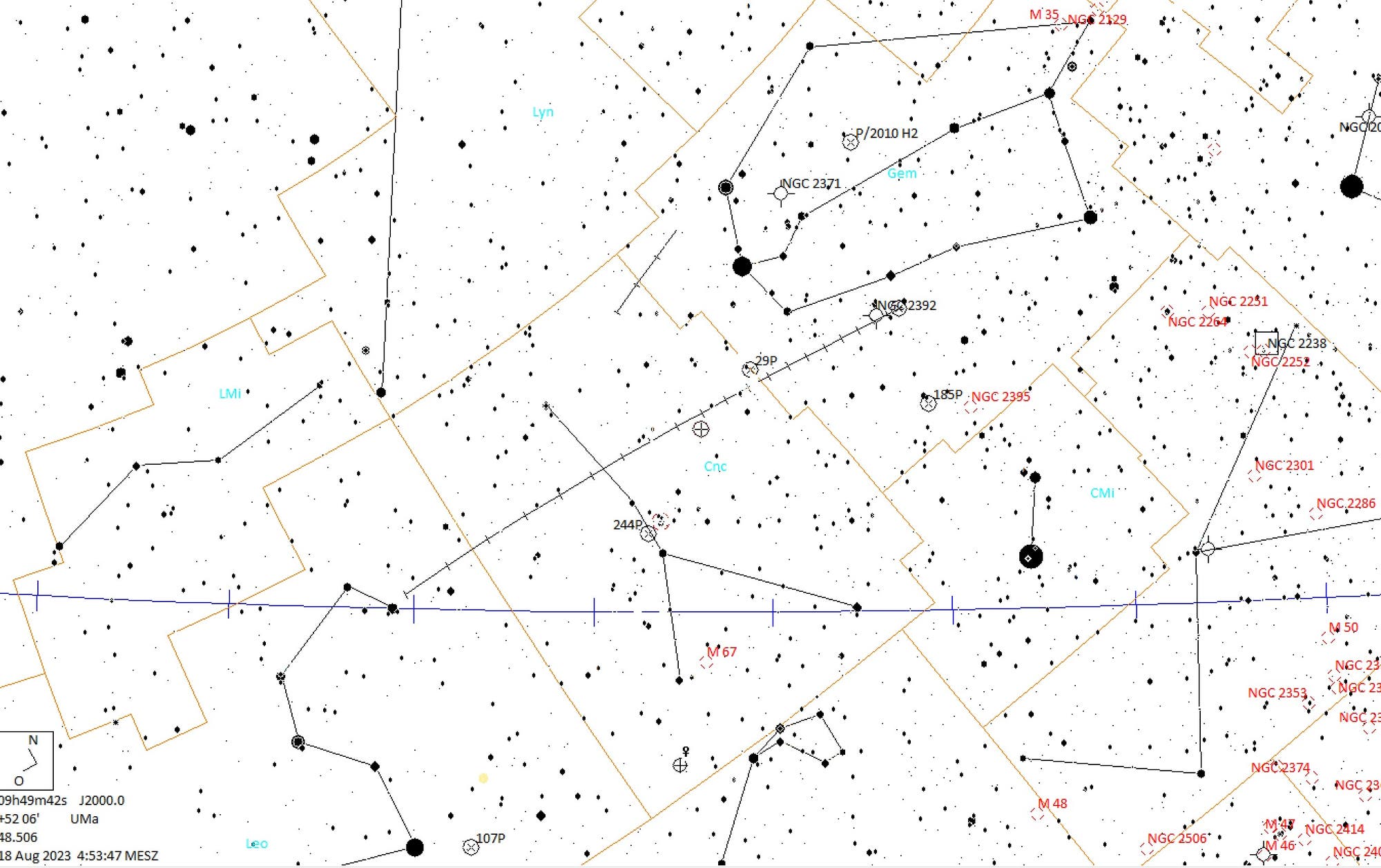 Darstellung des Nachthimmels mit der eingezeichneten Bahn des Kometen C/2023 P1 Nishimura.