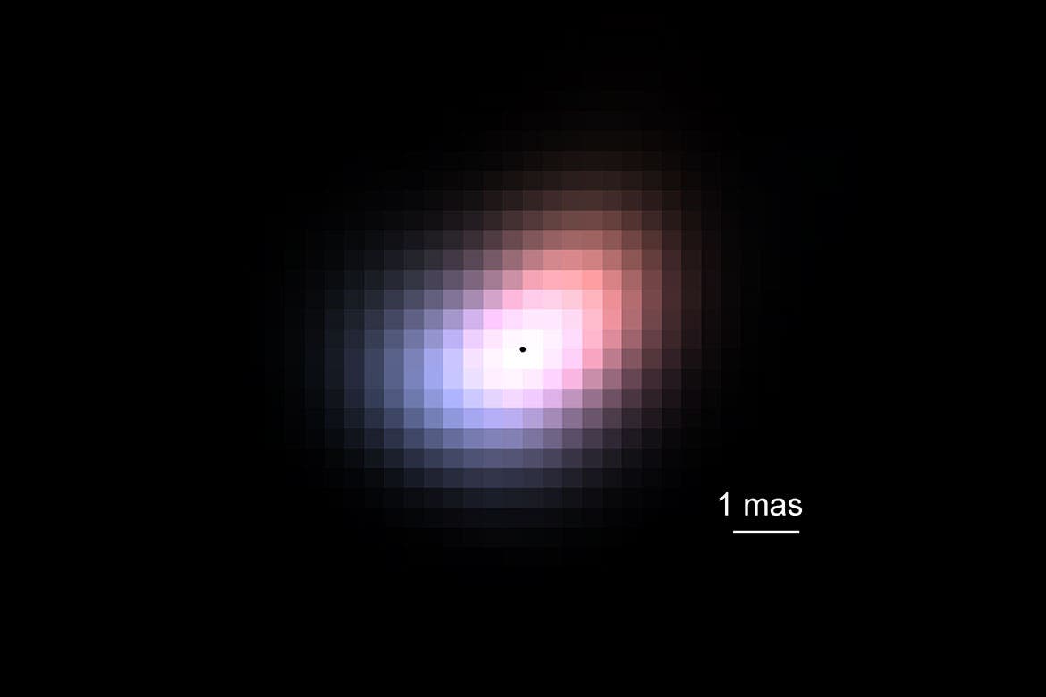 Ein unscharfes, pixeliges astronomisches Bild zeigt eine zentrale helle Region, die von blauen und roten Farbtönen umgeben ist. Die Farben verlaufen von einem intensiven Weiß in der Mitte zu einem rötlichen Rand. Rechts unten befindet sich eine Skala mit der Beschriftung „1 mas“, die die Größe der dargestellten Region angibt. Der Hintergrund ist schwarz, was den Kontrast zur zentralen Struktur verstärkt.