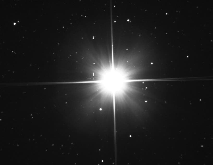 Das Foto zeigt den Kleinplaneten Leona als schwachen Lichtpunkt neben dem strahlend hellen Stern Beteigeuze.