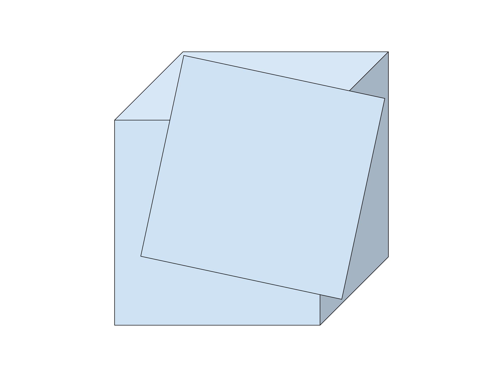 Eine 3-D-Darstellung eines blauen Würfels, auf dem eine geneigte, rechteckige Fläche ruht. Die rechteckige Fläche ist ebenfalls blau und scheint aus dem Würfel herauszuragen. Die Abbildung zeigt die räumliche Beziehung zwischen den beiden geometrischen Formen.