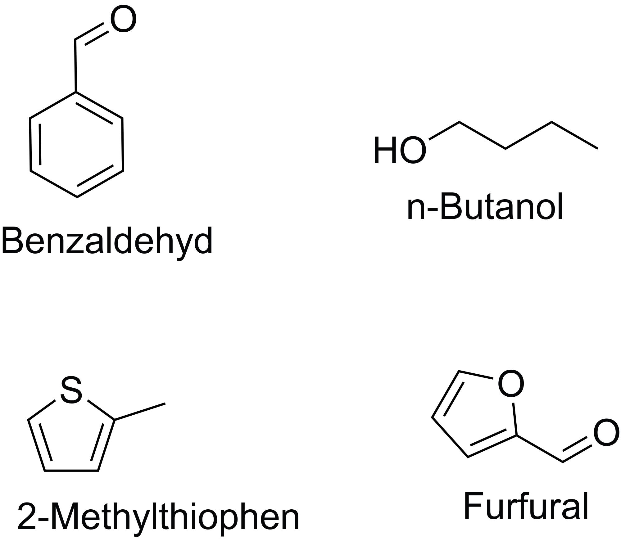 Strukturformeln von vier Aromastoffen, die sich durch die Maillard-Reaktion bilden können. Von links oben nach rechts unten: Benzaldehyd, n-Butanol, 2-Methylthiophen, Furfural.