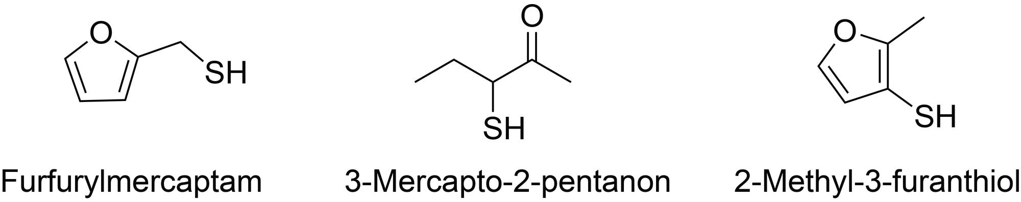 Strukturformeln von drei Aromastoffen, die für das Aroma von gebratenem Rind charakteristisch sind: von links nach rechts Furfurylmercaptam, 3-Mercapto-2-pentanon sowie 2-Methyl-3-furanthiol.