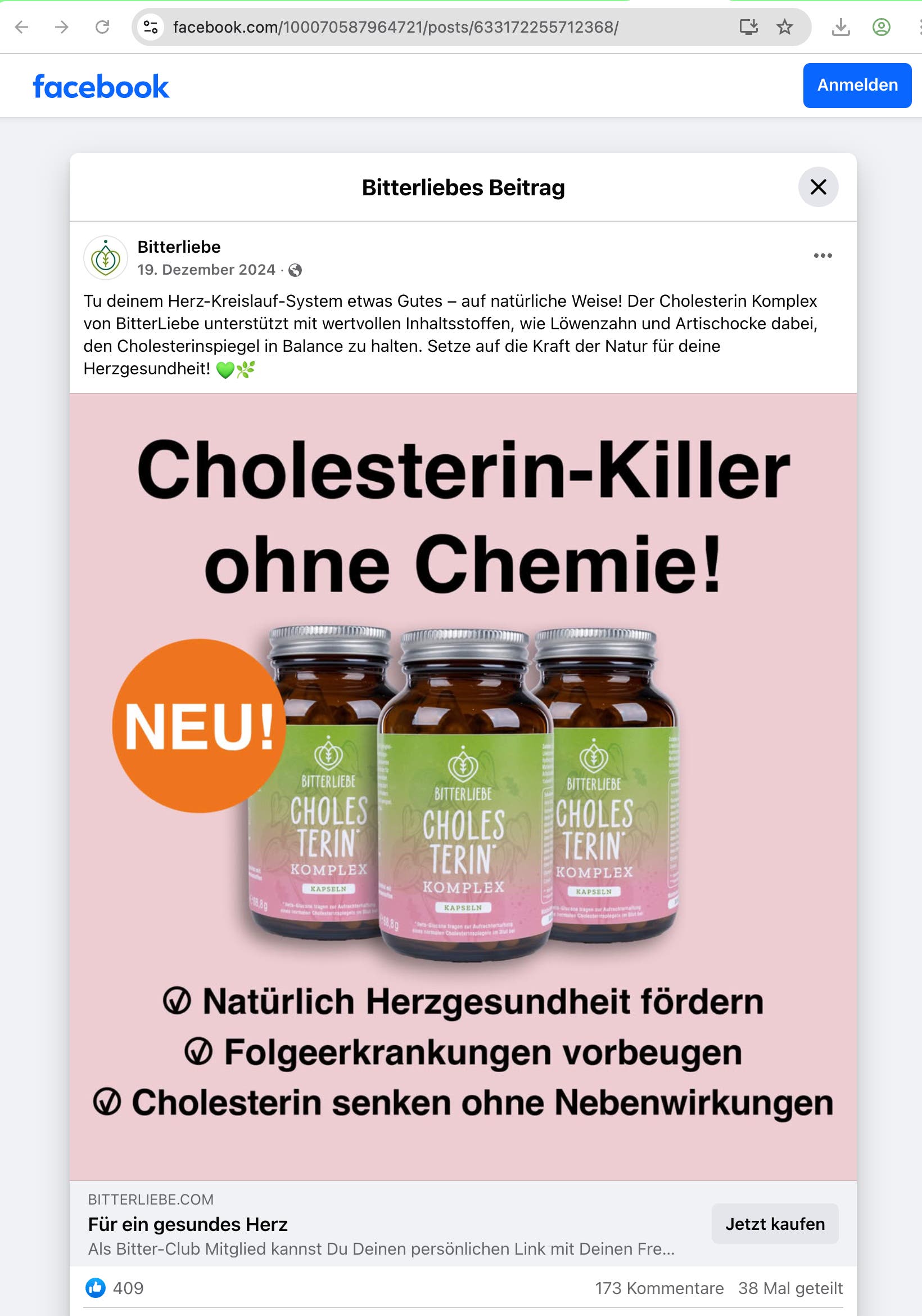 Eine Facebook-Werbung von BitterLiebe zeigt drei Flaschen des Produkts "Cholesterin Komplex" mit der Aufschrift "Cholesterin-Killer ohne Chemie!" und einem orangefarbenen Kreis mit "NEU!". Der Text beschreibt die natürlichen Inhaltsstoffe wie Löwenzahn und Artischocke zur Unterstützung der Herzgesundheit. Unten stehen Vorteile: "Natürlich Herzgesundheit fördern", "Folgeerkrankungen vorbeugen" und "Cholesterin senken ohne Nebenwirkungen". Ein Button mit "Jetzt kaufen" führt zur Website bitterliebe.com.