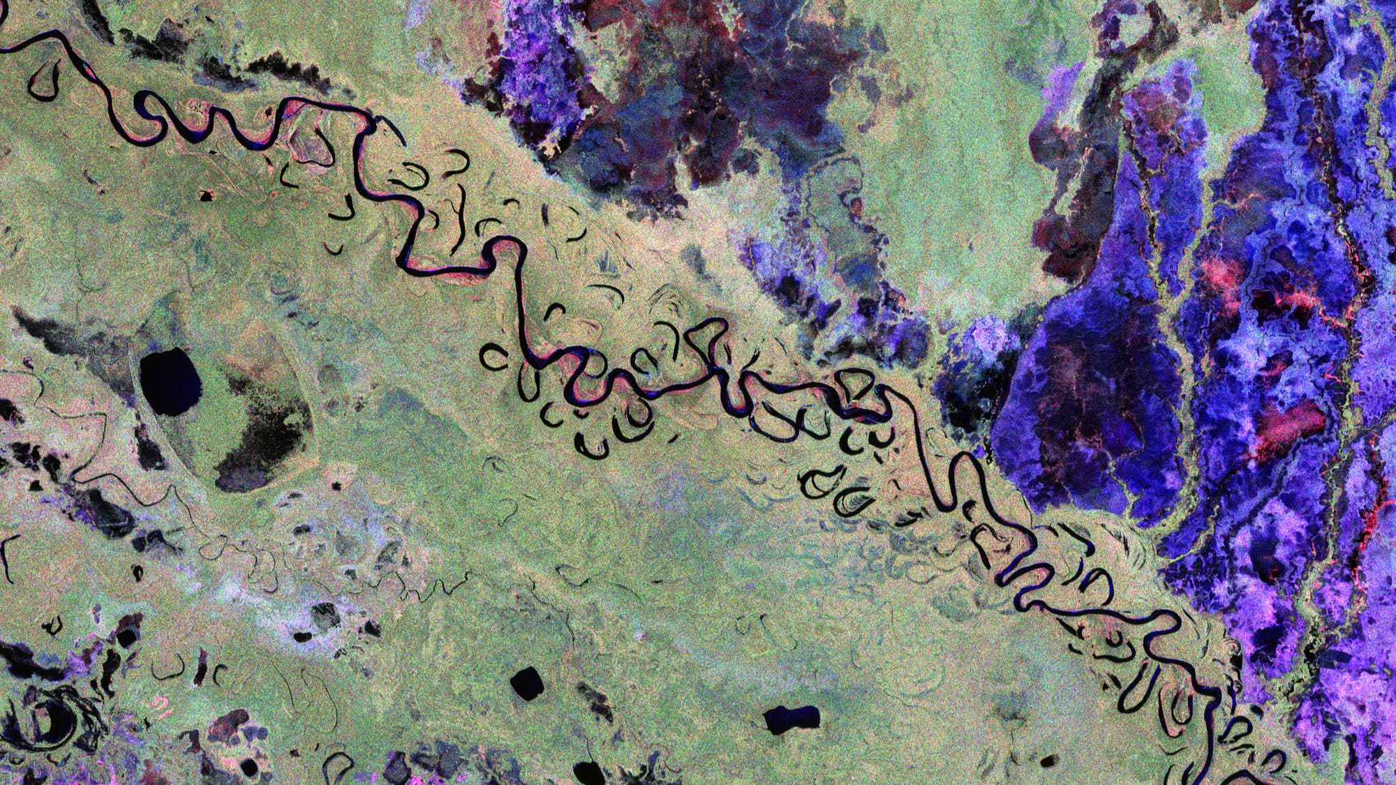 Satellitenbild einer Flusslandschaft mit stark mäandrierendem Flusslauf, umgeben von Vegetationsflächen. Der Fluss schlängelt sich durch die Landschaft, während kleinere Wasserflächen in der Umgebung sichtbar sind. Die Farben sind kontrastreich und heben die verschiedenen geografischen Merkmale hervor. Satellitenbild einer Flusslandschaft mit stark mäandrierendem Flusslauf, umgeben von Vegetationsflächen. Der Fluss schlängelt sich durch die Landschaft, während kleinere Wasserflächen in der Umgebung sichtbar sind. Die Farben sind kontrastreich und heben die verschiedenen geografischen Merkmale hervor.