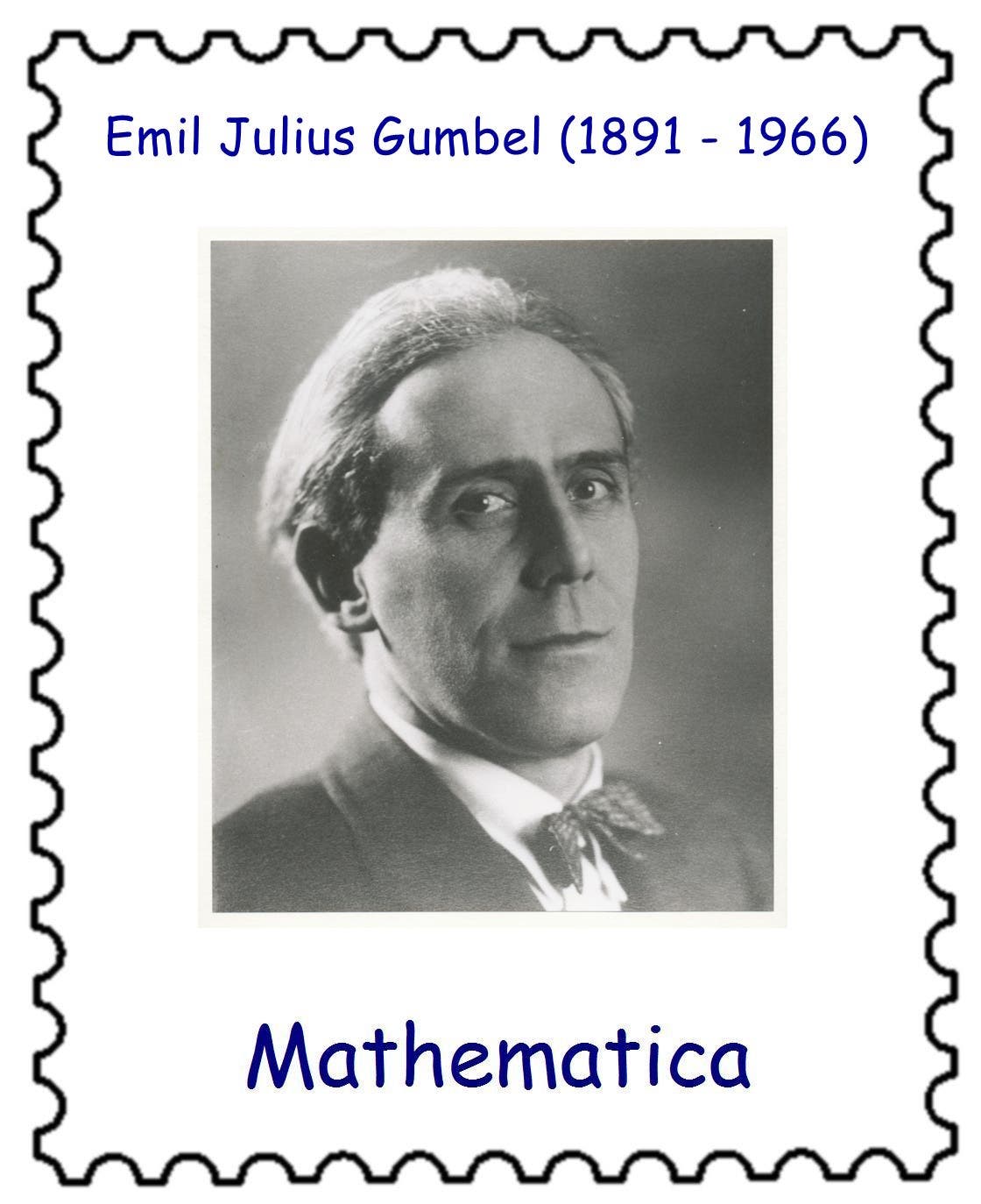 Eine Briefmarke zeigt ein Schwarz-Weiß-Porträt von Emil Julius Gumbel, einem Mathematiker, mit den Lebensdaten 1891 bis 1966. Der Name und die Jahreszahlen sind oben in blauer Schrift zu sehen. Unten steht das Wort "Mathematica" ebenfalls in blauer Schrift. Die Briefmarke hat einen gezackten Rand.