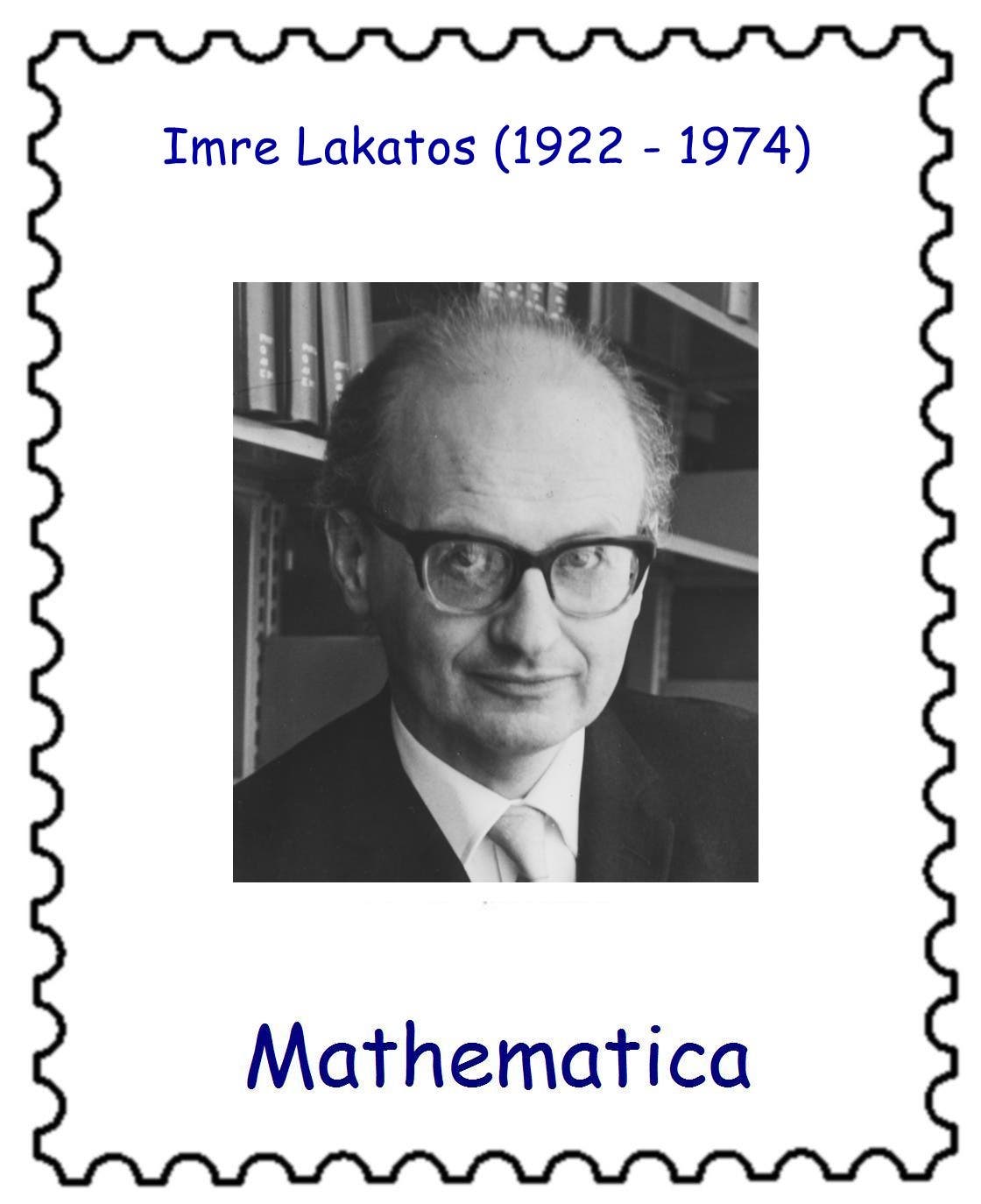 Ein Schwarz-Weiß-Foto eines Mannes mit Brille in einem Anzug, umgeben von Bücherregalen. Über dem Bild steht der Text "Imre Lakatos (1922–1974)" und darunter "Mathematica". Das Bild ist in einem Briefmarkendesign gerahmt.