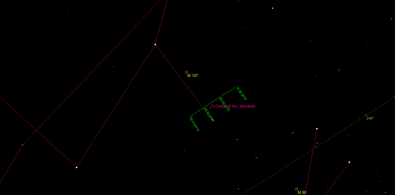  Aufsuchkarte für den Zwergplaneten (1) Ceres im Sternbild Schlangenträger
