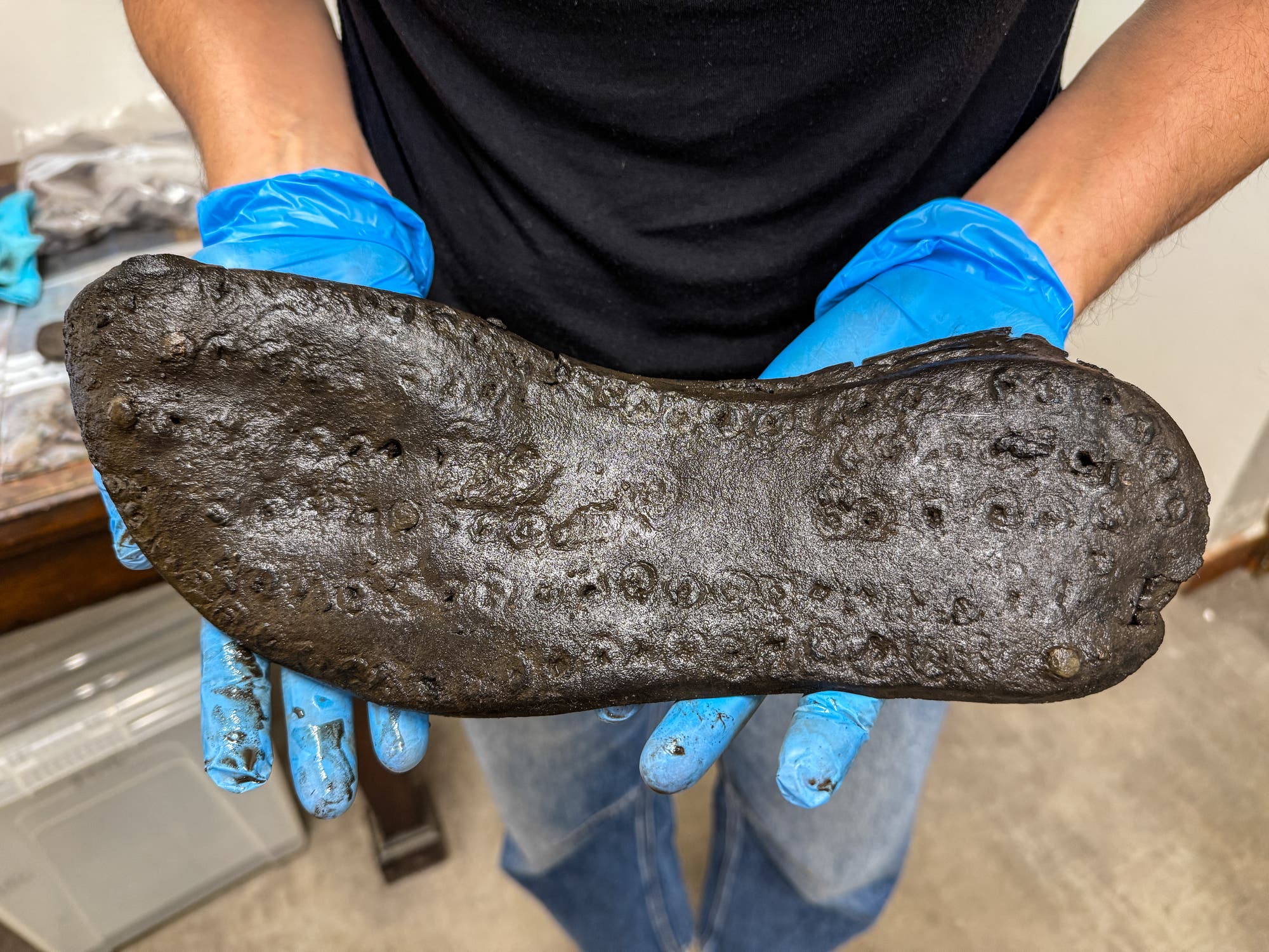 Eine Person in einem schwarzen T-Shirt hält mit blauen Handschuhen eine altrömische, abgenutzte Schuhsohle. Die Sohle ist dunkel und weist sichtbare Abnutzungsspuren auf. Im Hintergrund sind unscharf einige Gegenstände zu erkennen.
