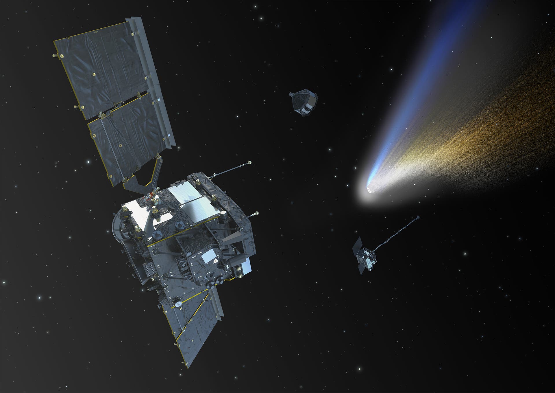 Una sonda espacial con grandes paneles solares vuela en el espacio hacia un cometa con cola ligera. También se pueden ver dos satélites más pequeños cerca del cometa. El fondo muestra un cielo de aperitivo.