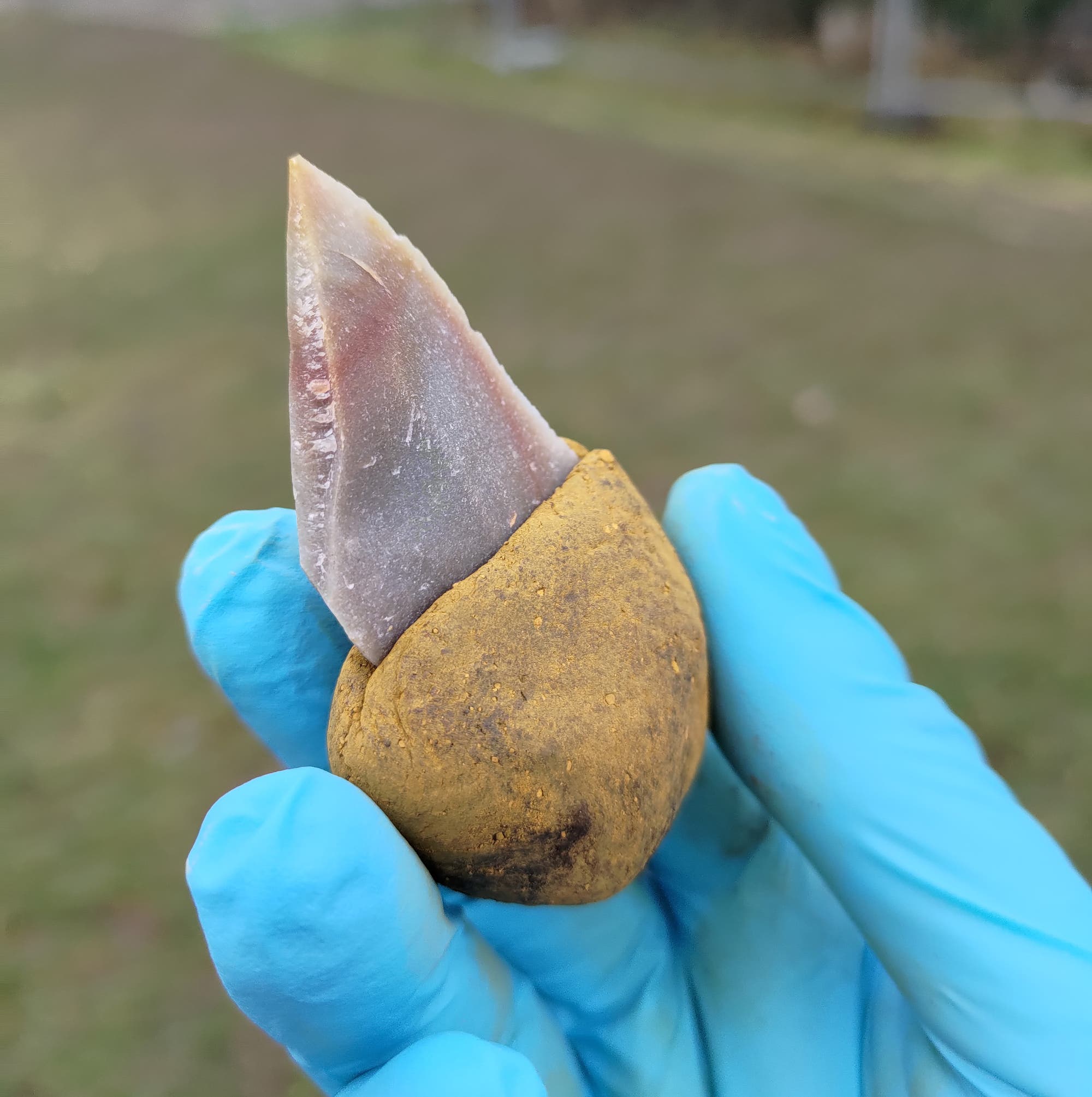 Una herramienta de piedra pegada a un mango hecho de pegamento.