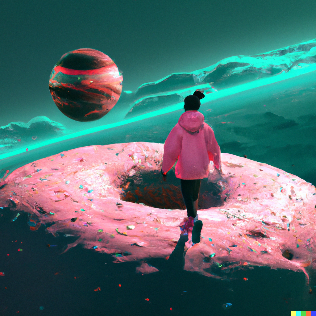 Eine Person wandert auf einem donutförmigen Planeten entlang