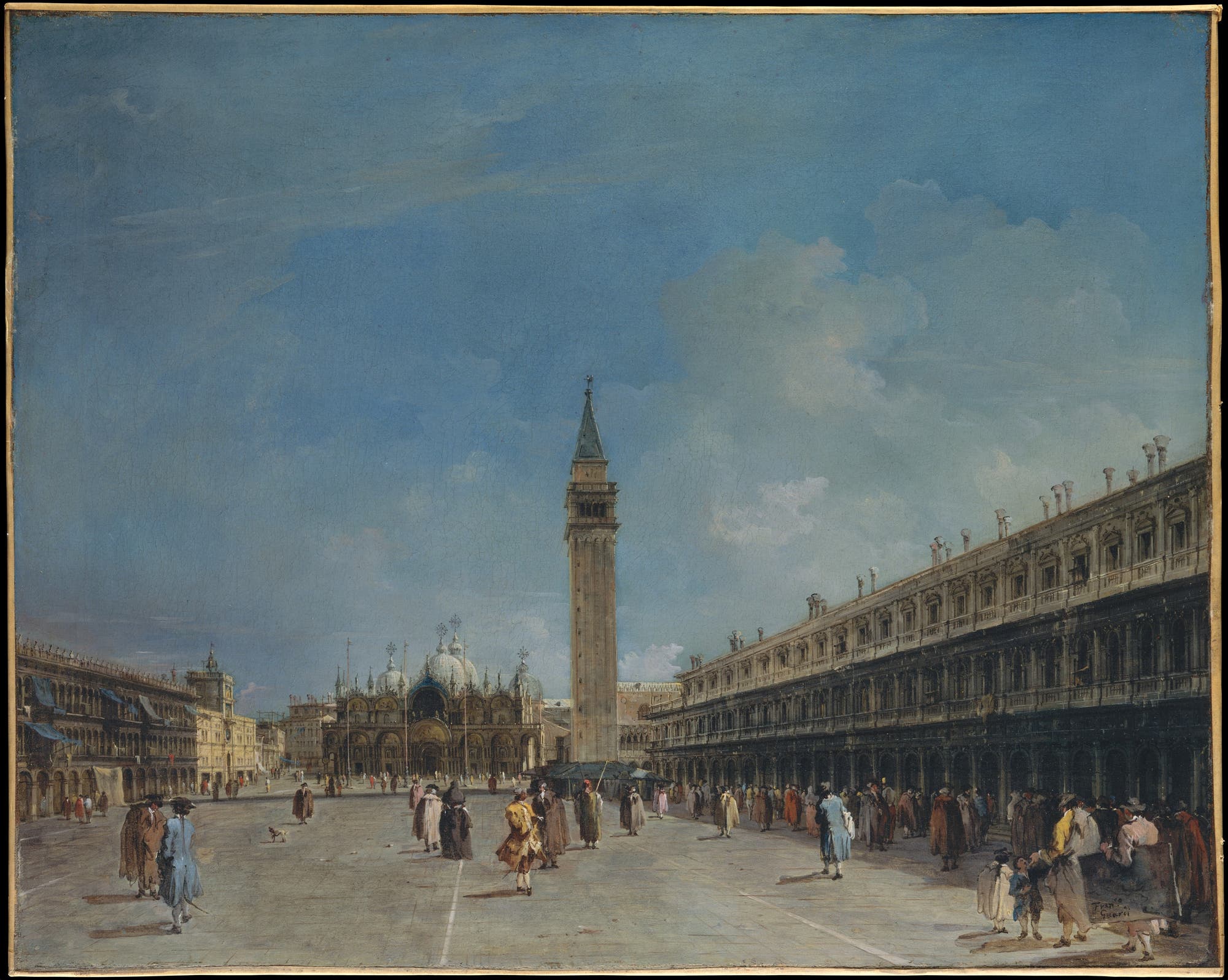 Eine historische Darstellung des Markusplatzes in Venedig, Italien, mit dem markanten Campanile und der Basilika im Hintergrund. Zahlreiche Menschen in traditioneller Kleidung flanieren über den Platz. Der Himmel ist klar und blau, was eine friedliche Atmosphäre schafft. Die Architektur der umliegenden Gebäude ist detailliert und zeigt die Pracht der venezianischen Baukunst.