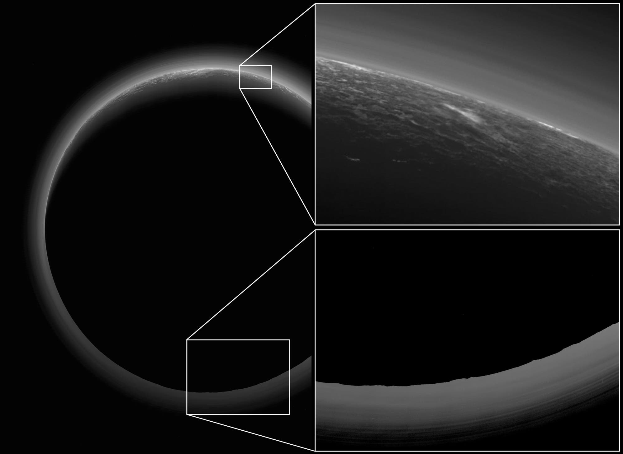Aufnahgme der Nachtseite von Pluto von New Horizons mit Ausschnitten