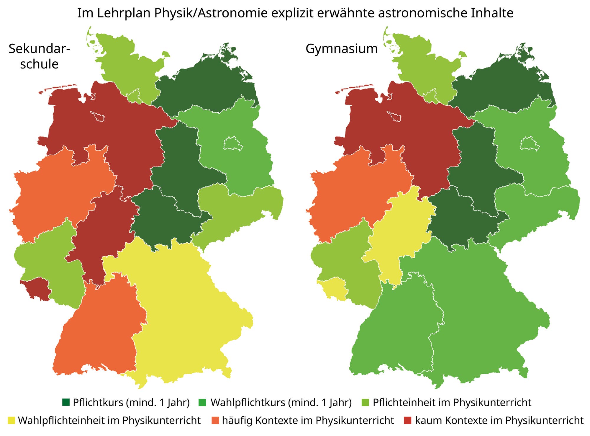Die Deutschlandkarte zeigt, in welchem Bundesland astronomische Grundbildung vermittelt wird und wo nicht oder kaum.