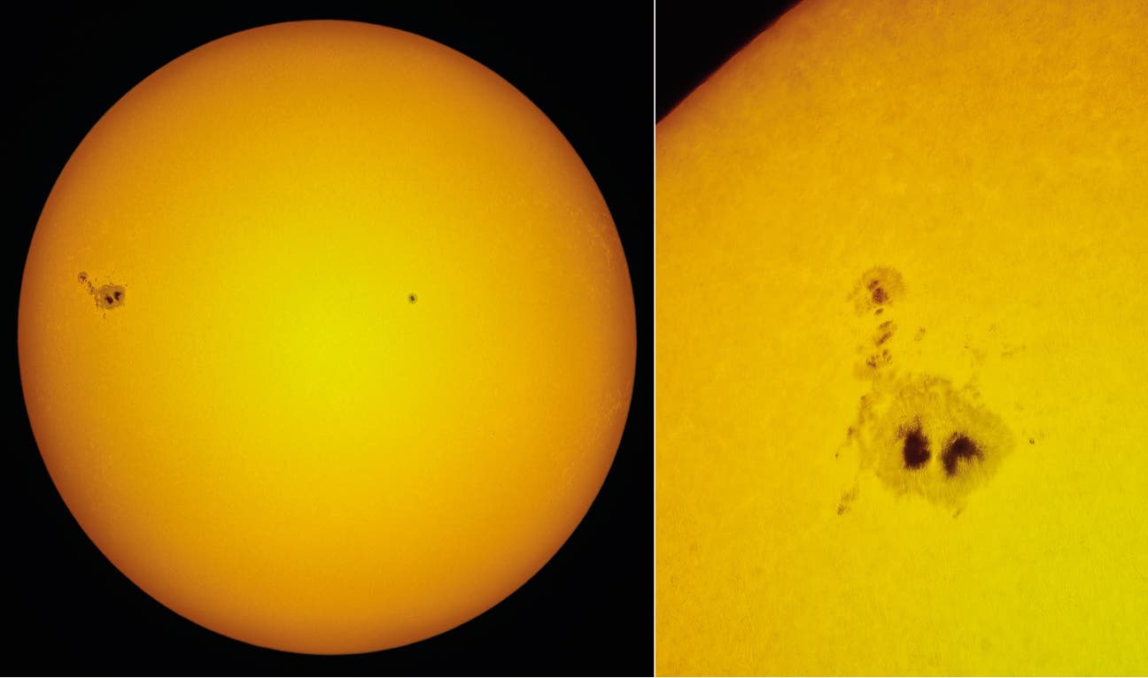 Eine wissenschaftliche Abbildung der Sonne, bestehend aus zwei Unterabbildungen. Die obere zeigt die gesamte Sonnenscheibe mit sichtbaren Sonnenflecken, die als dunkle Bereiche erscheinen. Die untere Abbildung bietet eine Nahaufnahme eines Sonnenflecks, die Details der Struktur und Textur der Sonnenoberfläche hervorhebt. Die Bilder veranschaulichen die Aktivität auf der Sonnenoberfläche und sind relevant für die Untersuchung von Sonnenphänomenen.