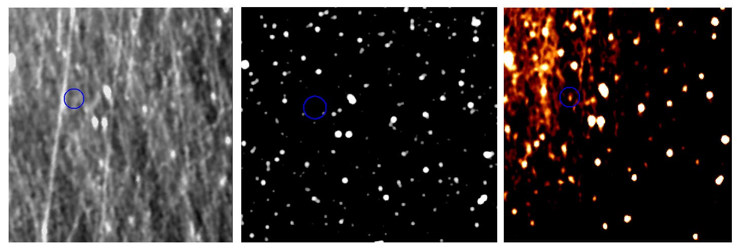 Nach sorgfältiger Bildbearbeitung zeigt sich der Zwergplanet Pluto in diesen Aufnahmen des Kamerasystems OSIRIS vom 12. Juli 2015. Links: Die unbearbeitete Aufnahme zeigt vor allem einen wahren Sandsturm aus Staubteilchen, durch den OSIRIS blickt. Mitte: Der Sternenhintergrund von Pluto. Rechts: Das bearbeitete Bild zeigt Pluto als hellen Fleck (hier angedeutet durch den blauen Kreis).