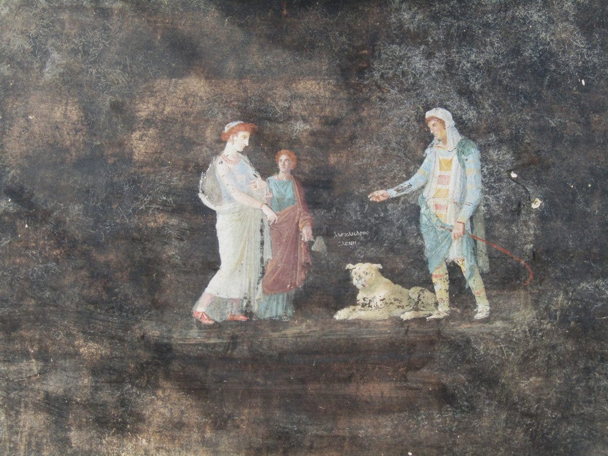 Die mythischen Figuren Helena und Paris in einer pompejanischen Wandmalerei.