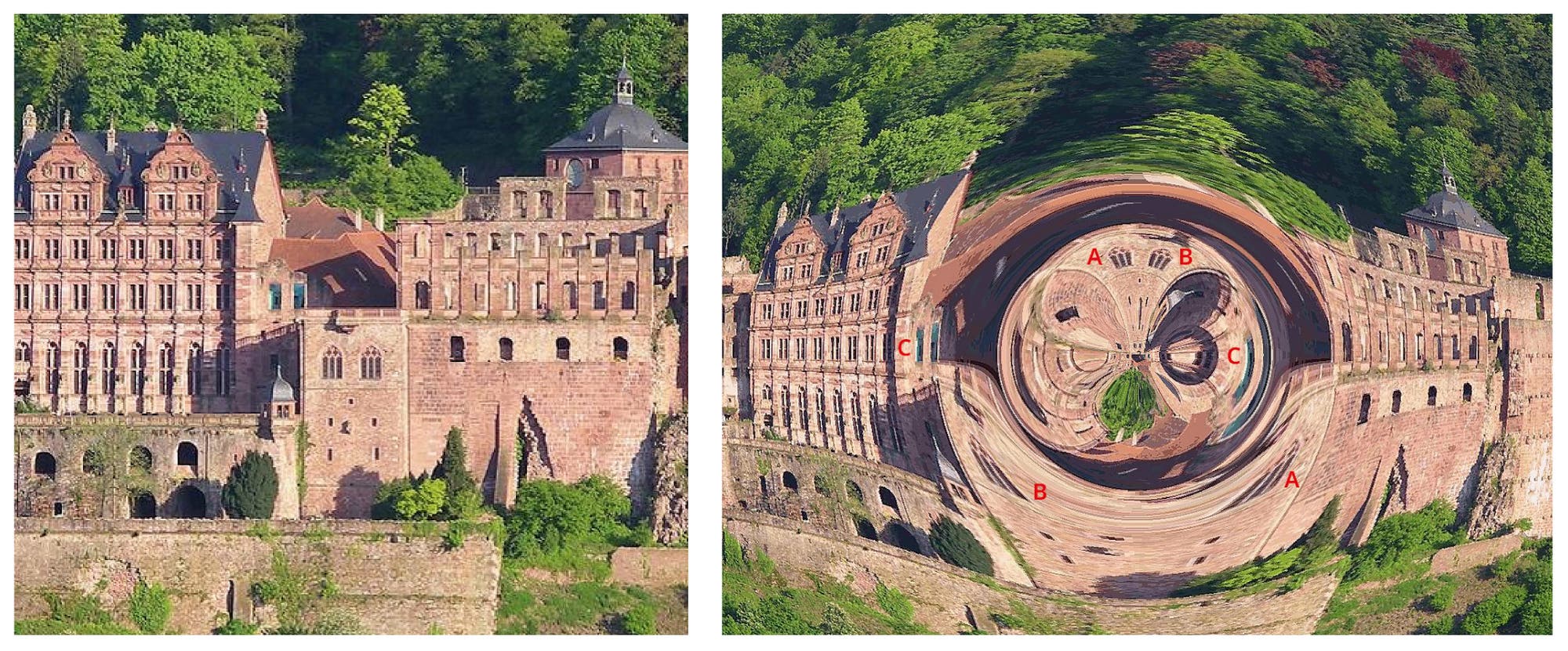 Heidelberger Schloss verzerrt durch eine Gravitationslinse