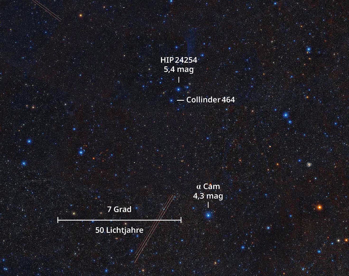 Foto eines Himmelsausschnitts mit Aufsuchhilfe für den offenen Sternhaufen Collinder 464
