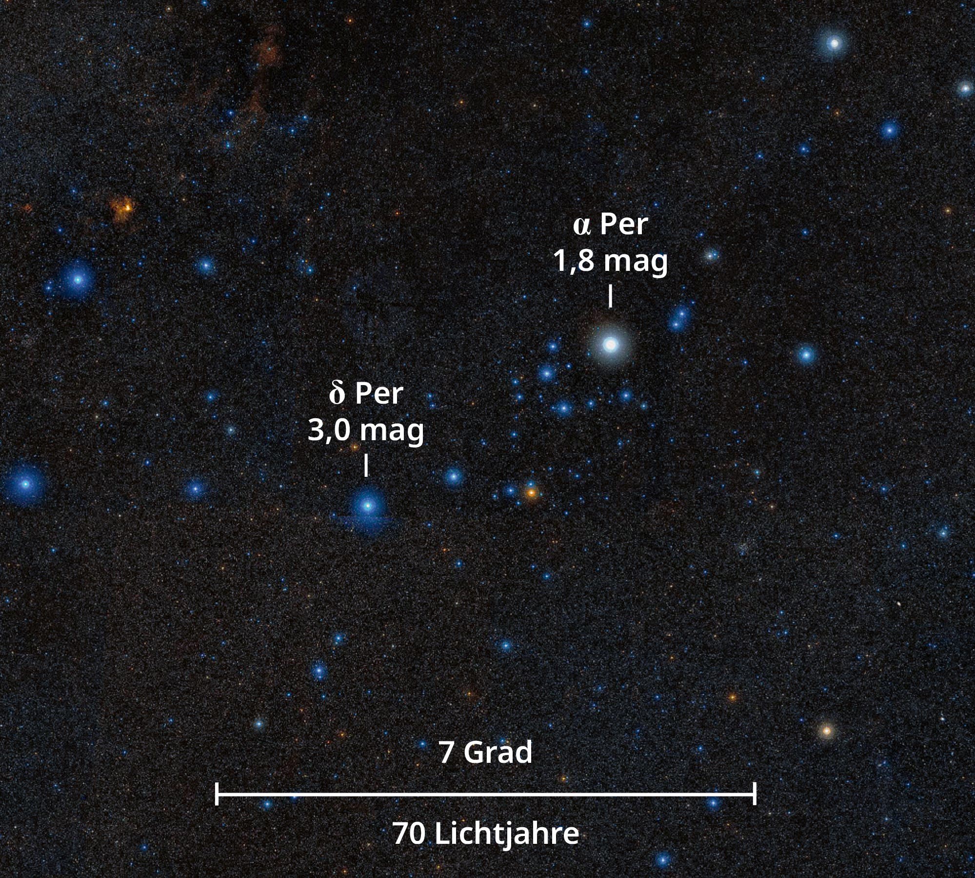 Foto des Sternhaufens Melotte 20, in dem Sterne verschiedener Helligkeiten und Farben sind.